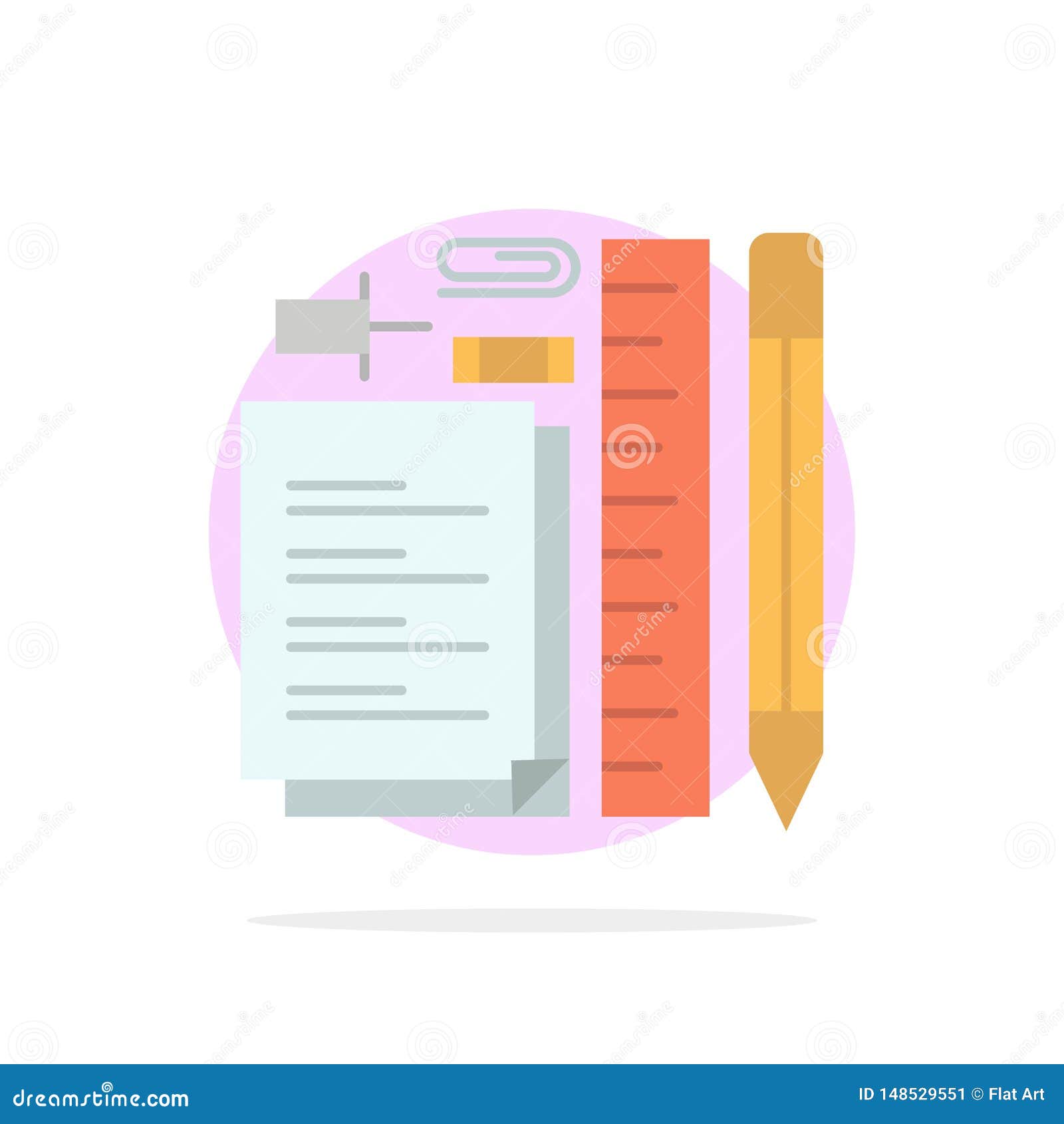 stationary, pencil, pen, notepad, pin abstract circle background flat color icon
