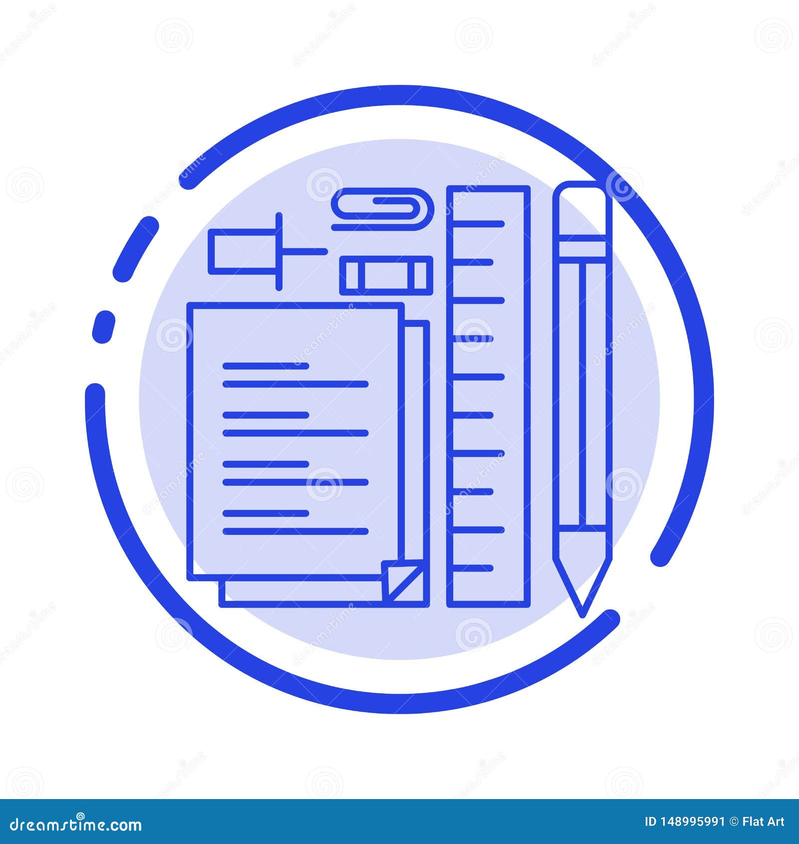 stationary, pencil, pen, notepad, pin blue dotted line line icon