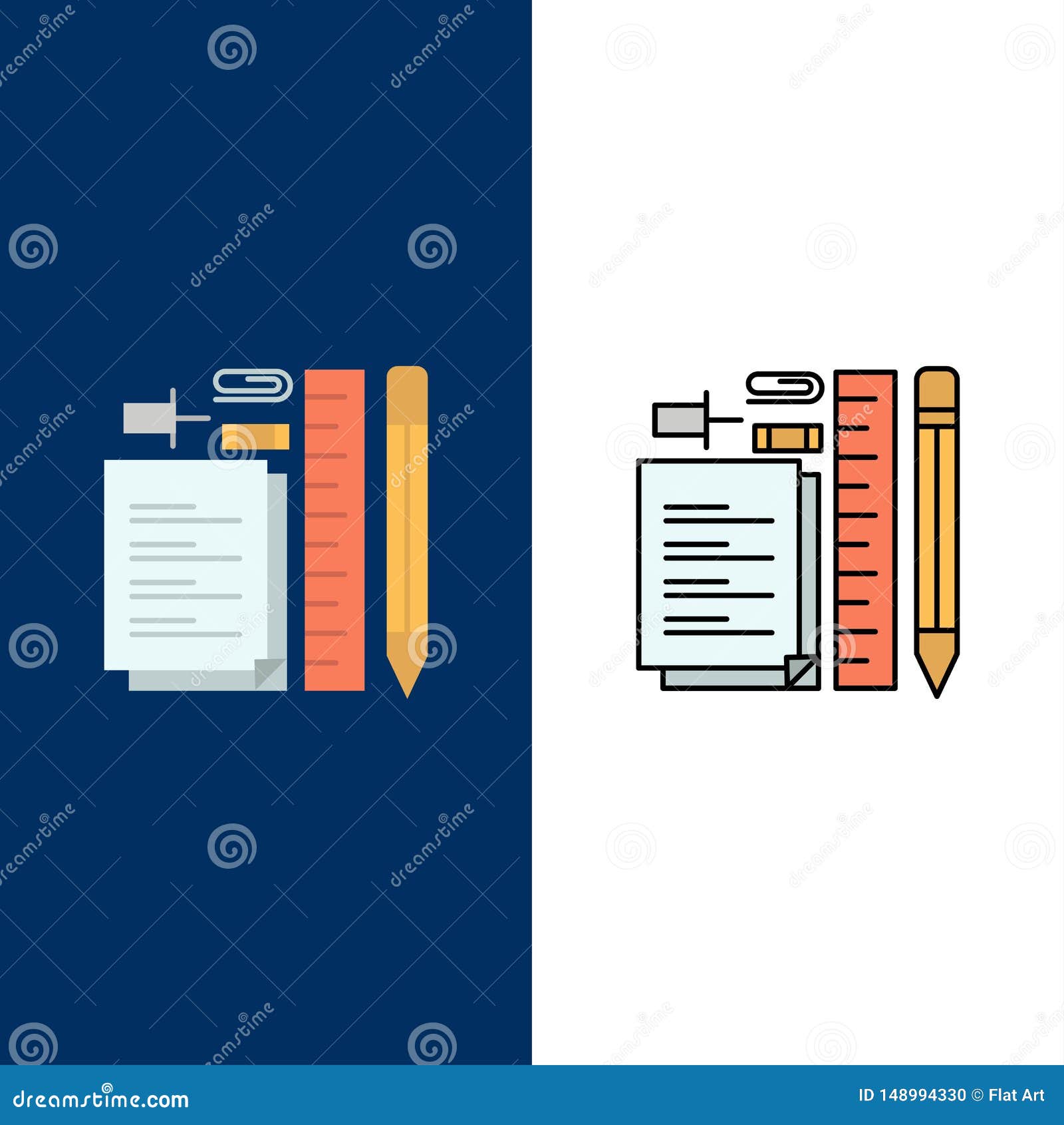 stationary, pencil, pen, notepad, pin  icons. flat and line filled icon set  blue background