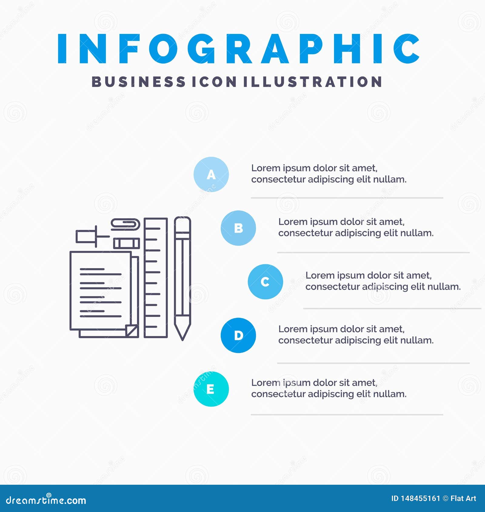 stationary, pencil, pen, notepad, pin line icon with 5 steps presentation infographics background