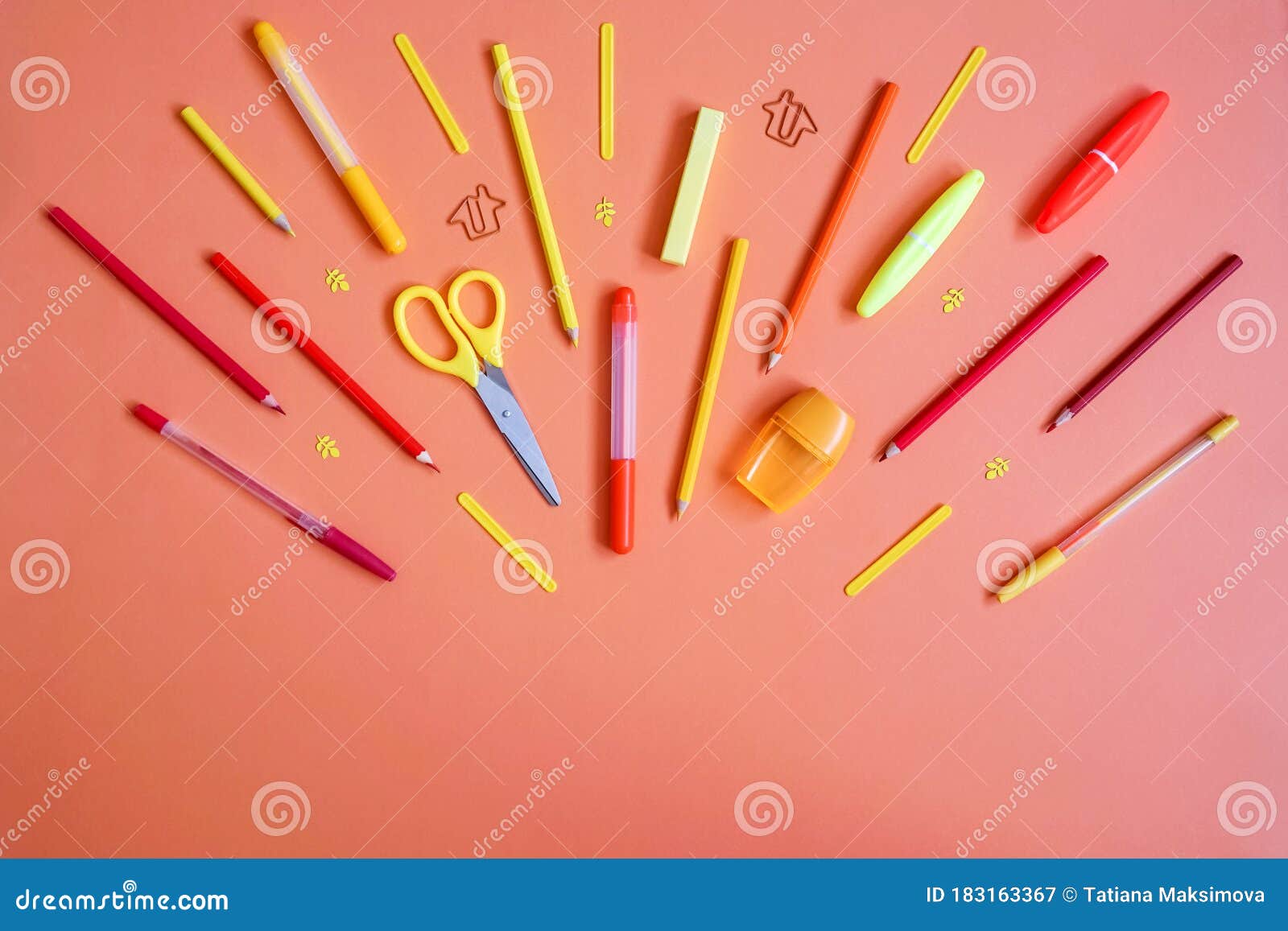 Stationery on Orange. Flat Lay Stock Image Image of pencil, hipster