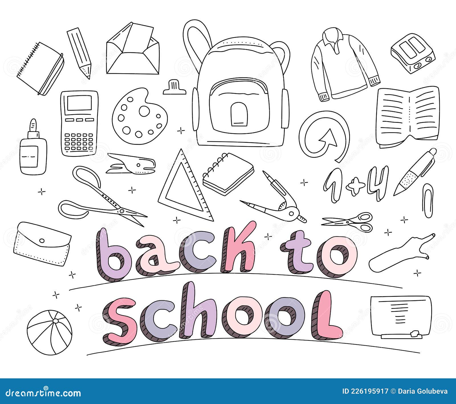 stationery set in doodle style.back to school concept with different size diary,open and closed notebook,office supplies.line art