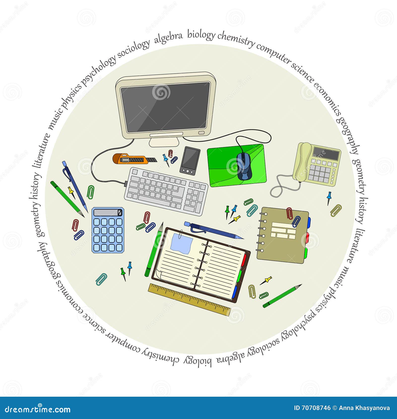 Stationery Stamp with Set of Office Accessories Stock Vector