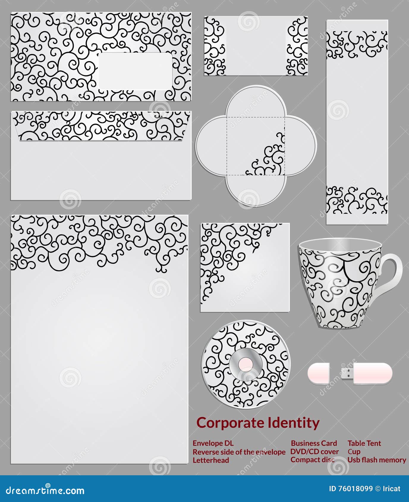 stationery template design with black pattern from curls set of
