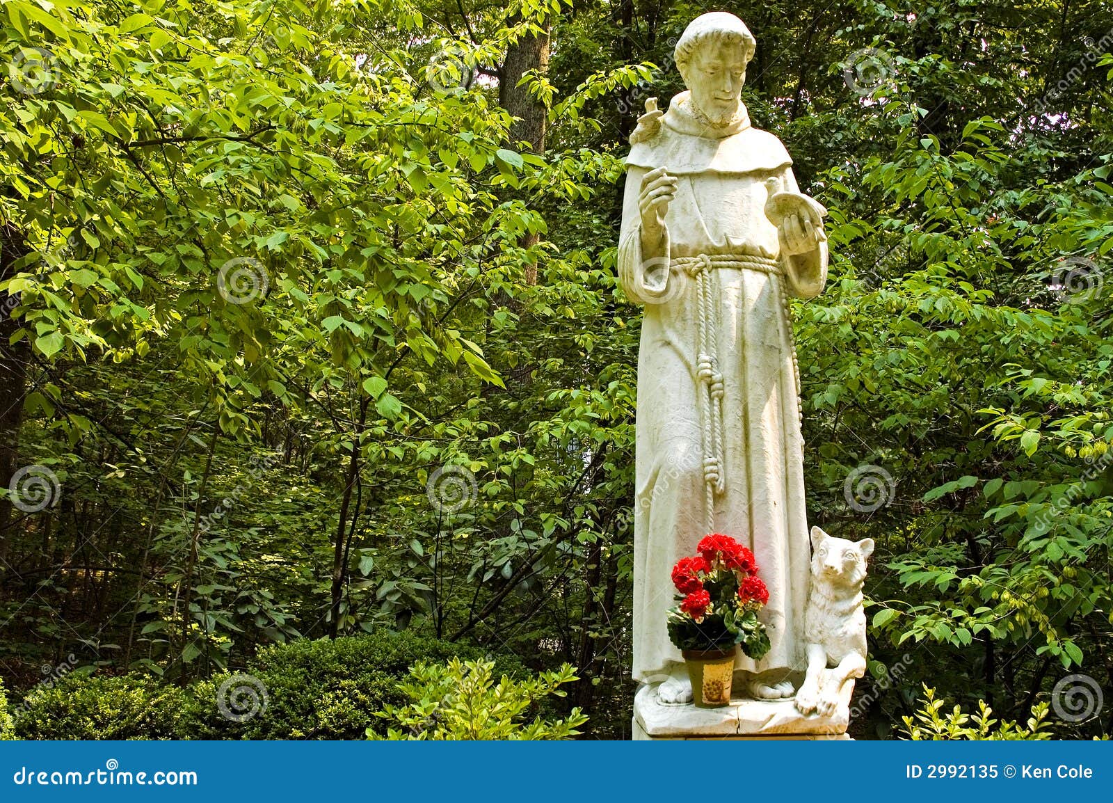 Statua della st Francis. Una vista di piccola statua di Francis di Assisi santo in una regolazione naturale nel legno al Grotto nazionale del santuario di Lourdes, Emmitsburg, Maryland.