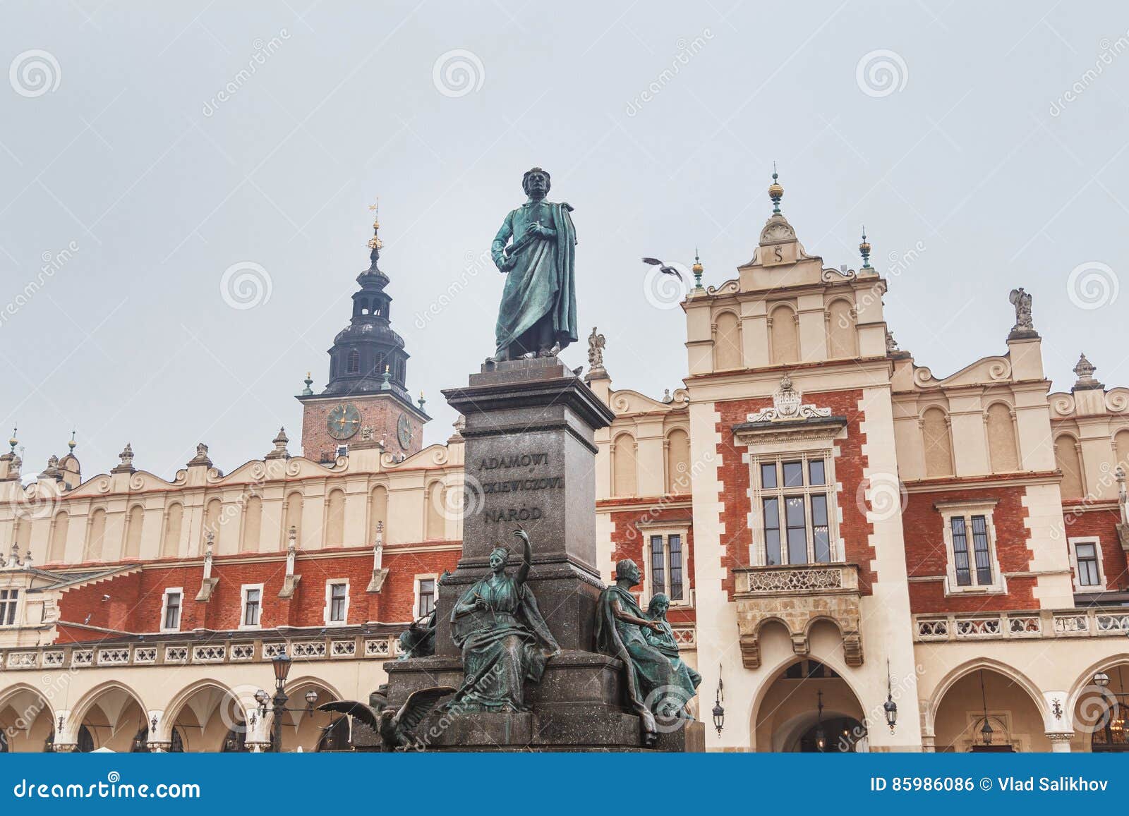 Statue of Adam Mickiewicz on the Main Square in Krakow in the Old Town