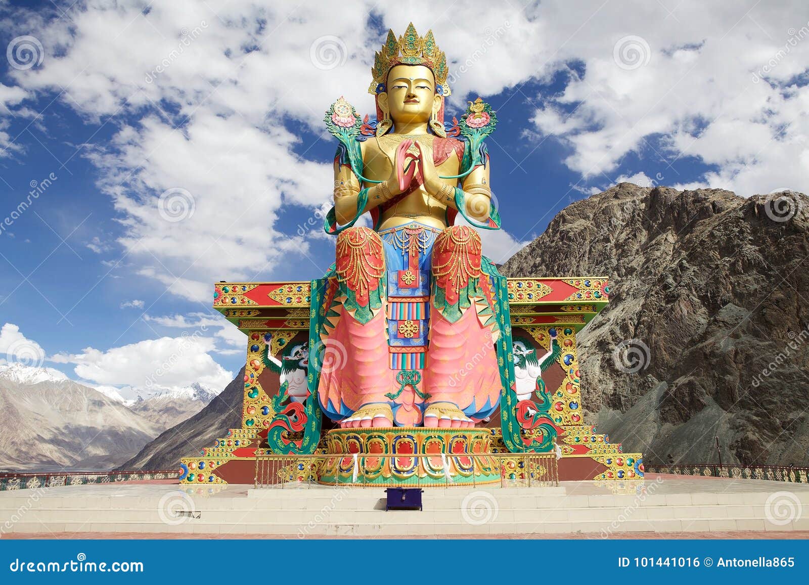 statue of buddha near diskit monastery in nubra valley, ladakh, india