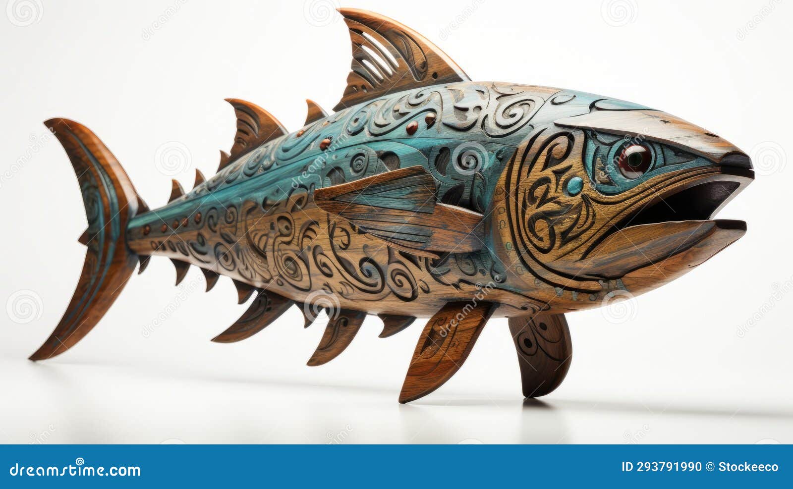 torrence tawaka fish carving: steampunk-inspired maori art in cyan and bronze