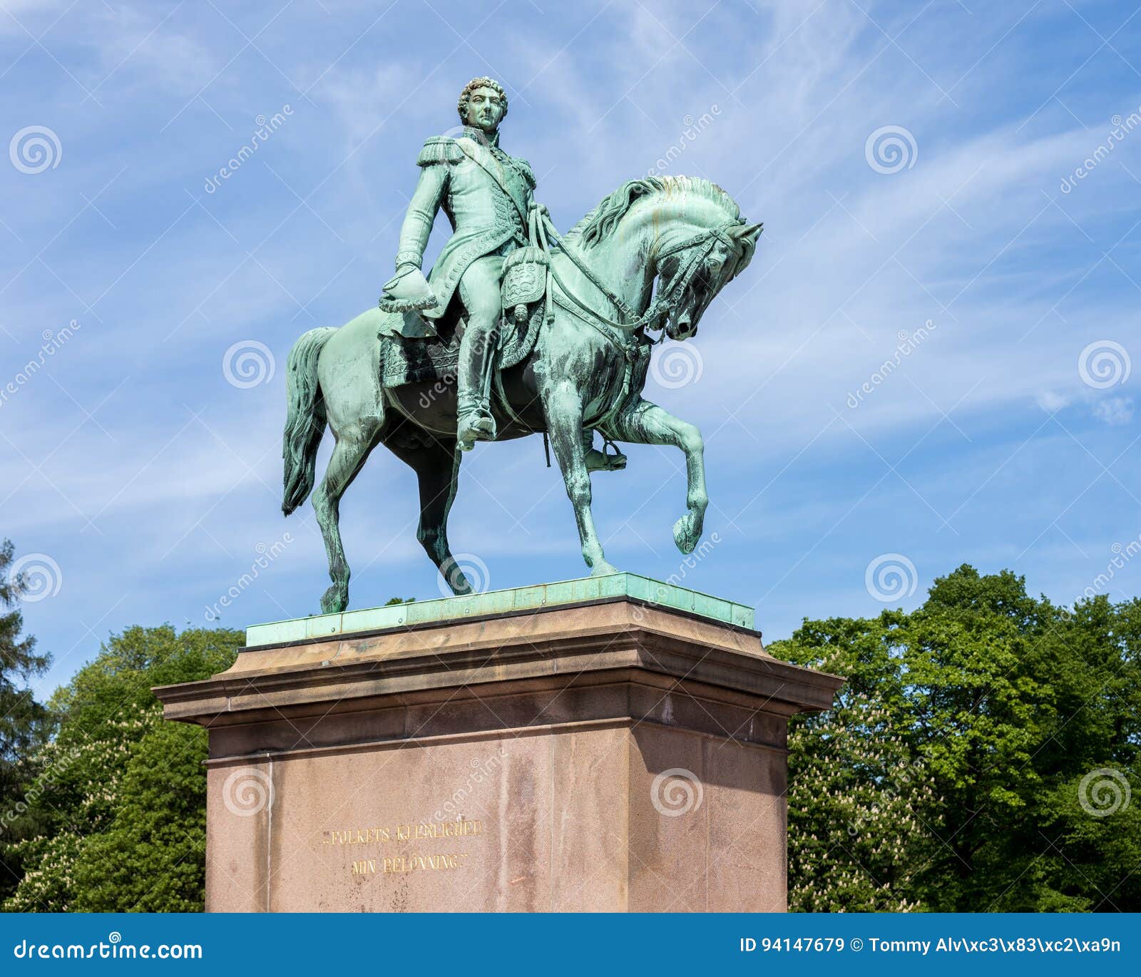 statue of former swedish and norwegian king karl xiv johan sitting on a horse.