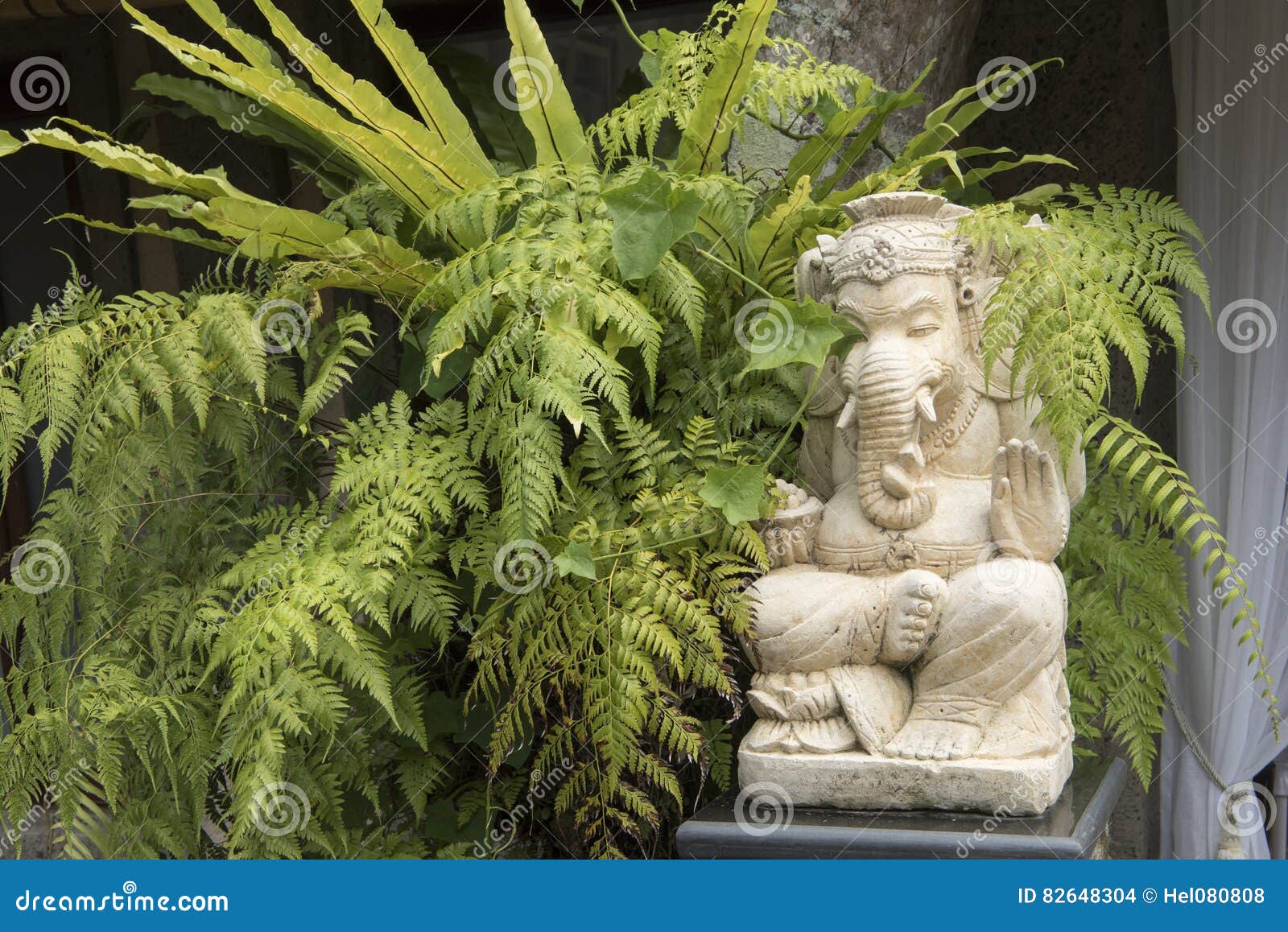 statue of ganesha, elephant-headed friendly hindu god framed by balinese plants like fern, bali friendly hindu god