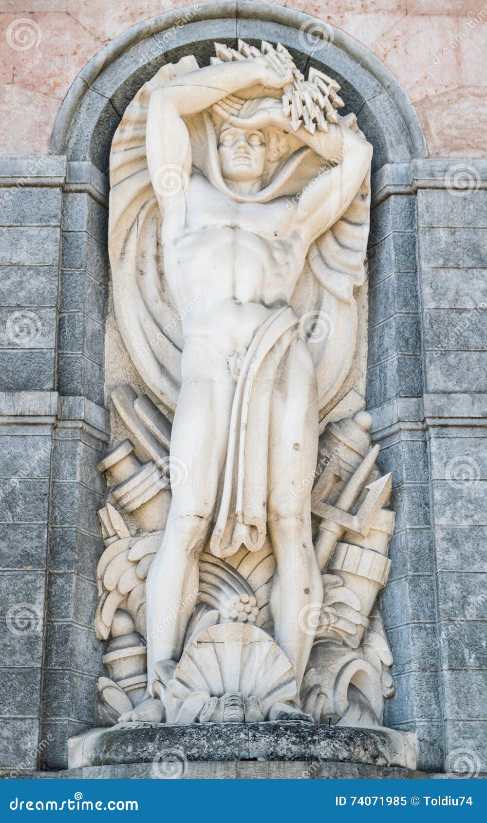statue of the god neptune on the facade a hydroelectric plant.