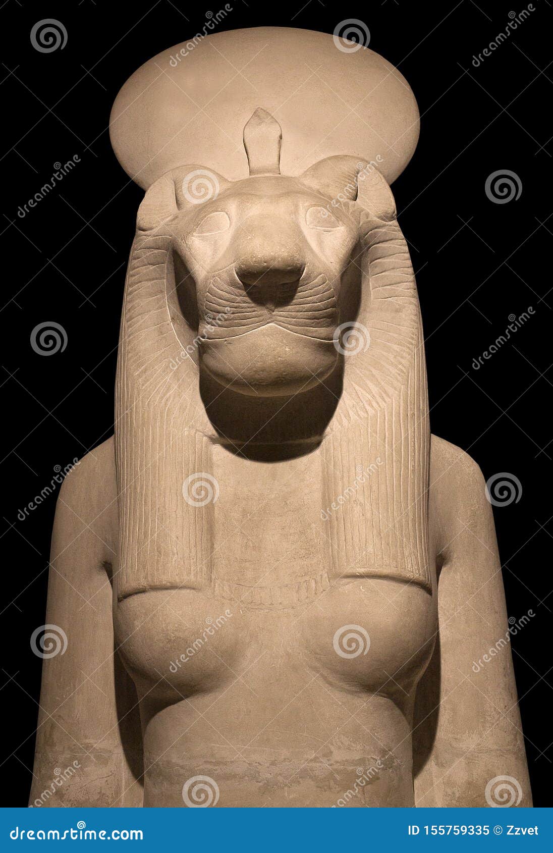 statue of goddess bastet, bast or sakhmet with lioness head and solar disk