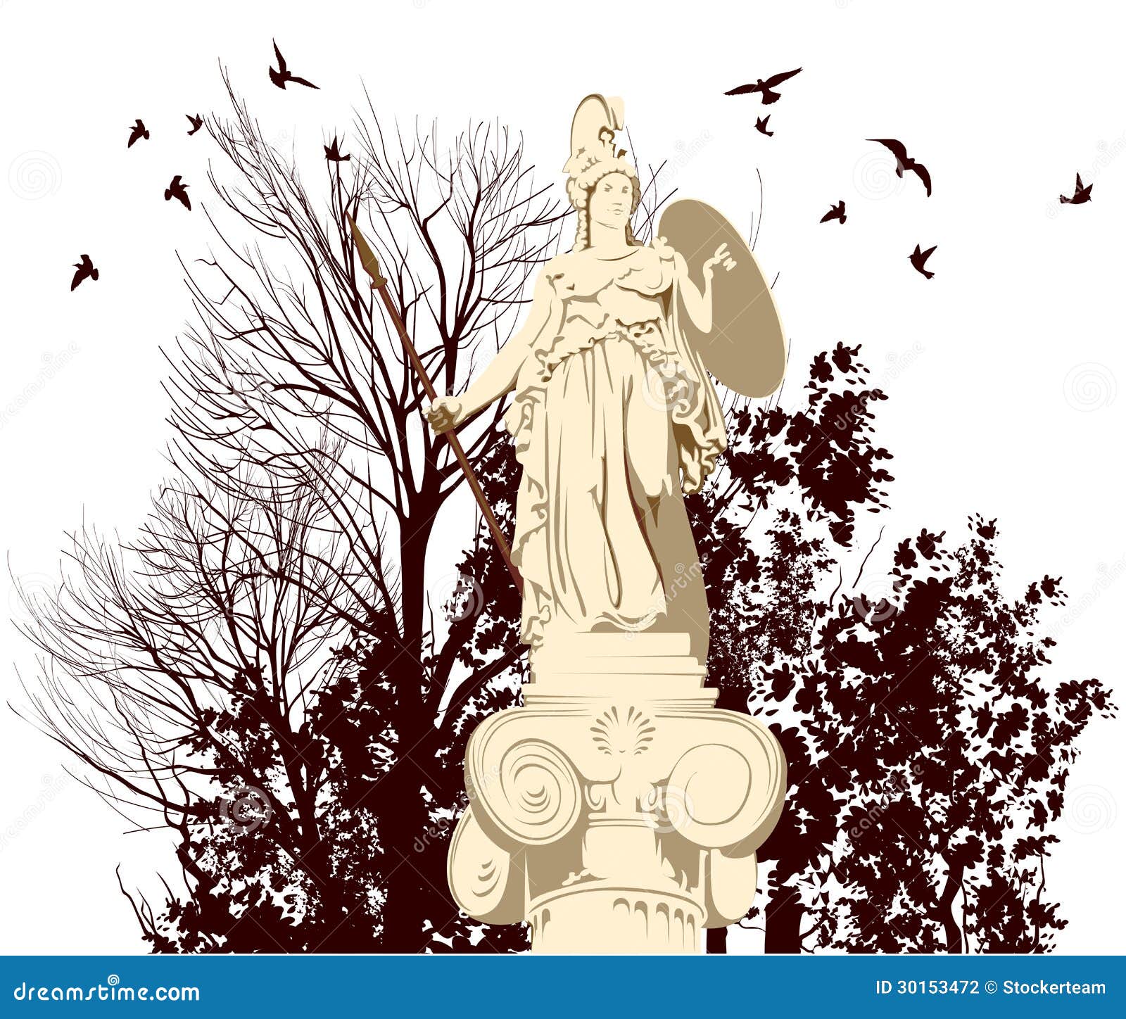 Beauty Athena Statue with Birds Stock Illustration Illustration of