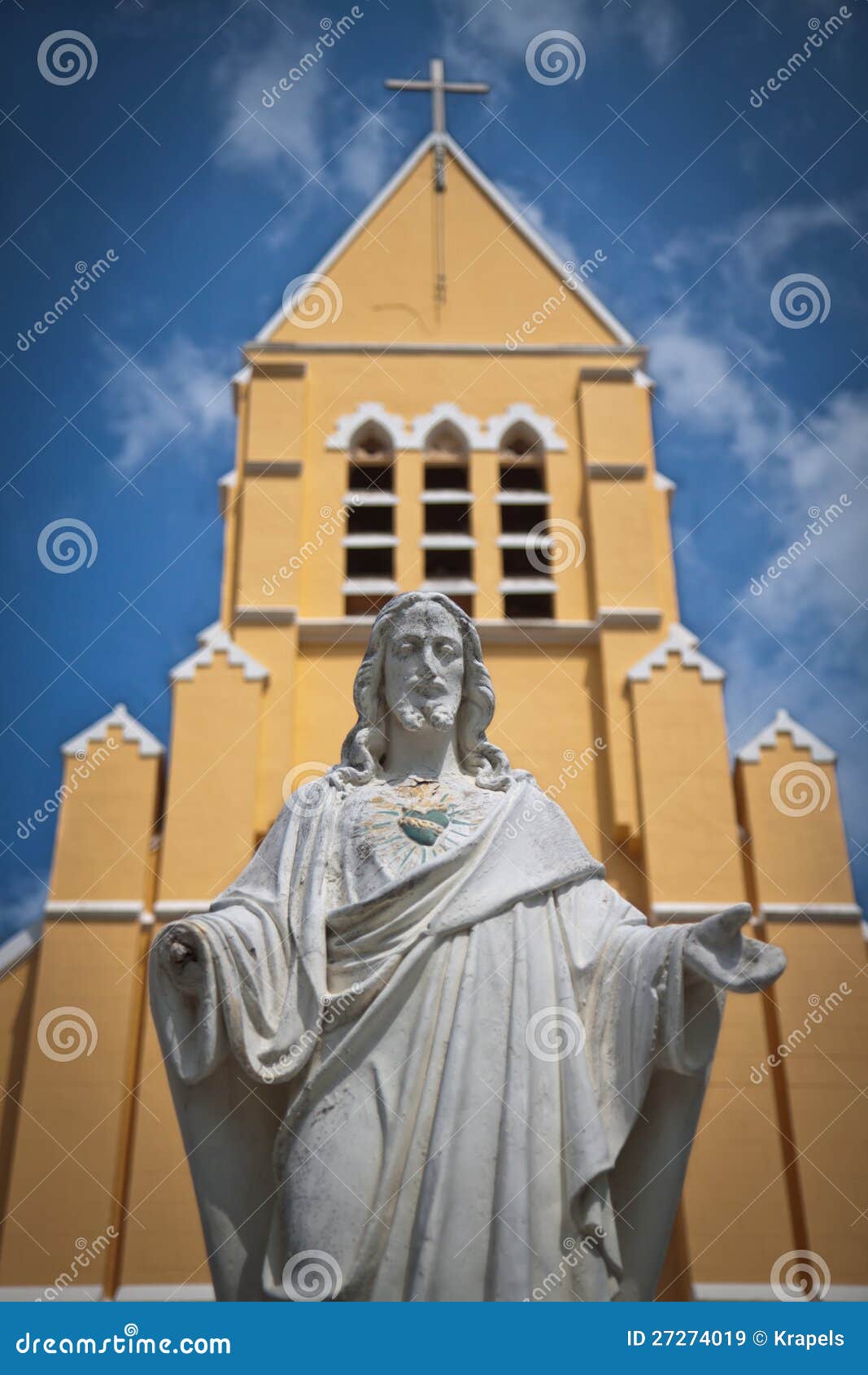 Statue of Jesus Christ and Church Stock Image - Image of blue, church ...