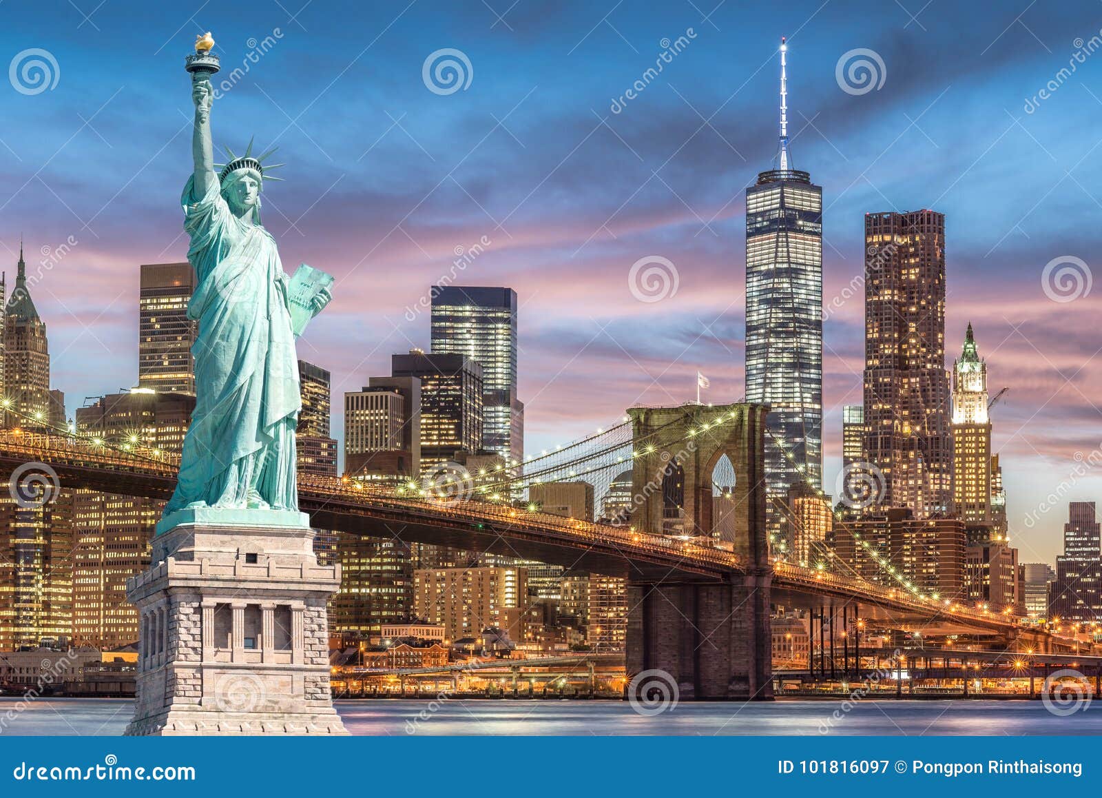 the statue of liberty and brooklyn bridge with world trade center background twilight sunset view, landmarks of new york city