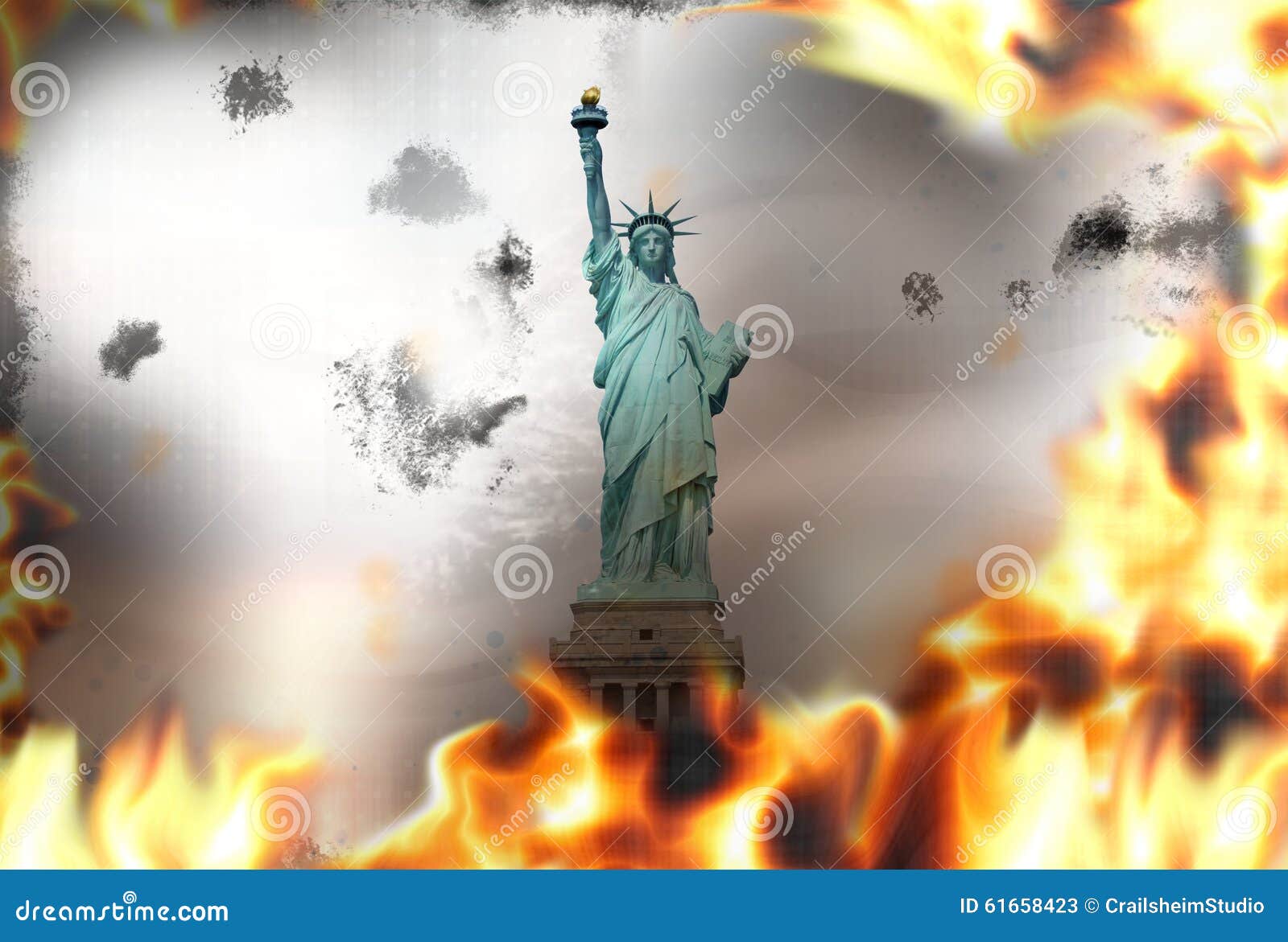 Statue of Liberty Fire Flames Burning Background Stock Illustration