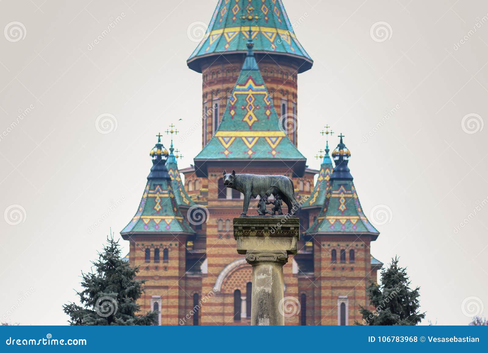 the statue lupa capitolina with the orthodox metropolitan cathedral in the background in timisoara