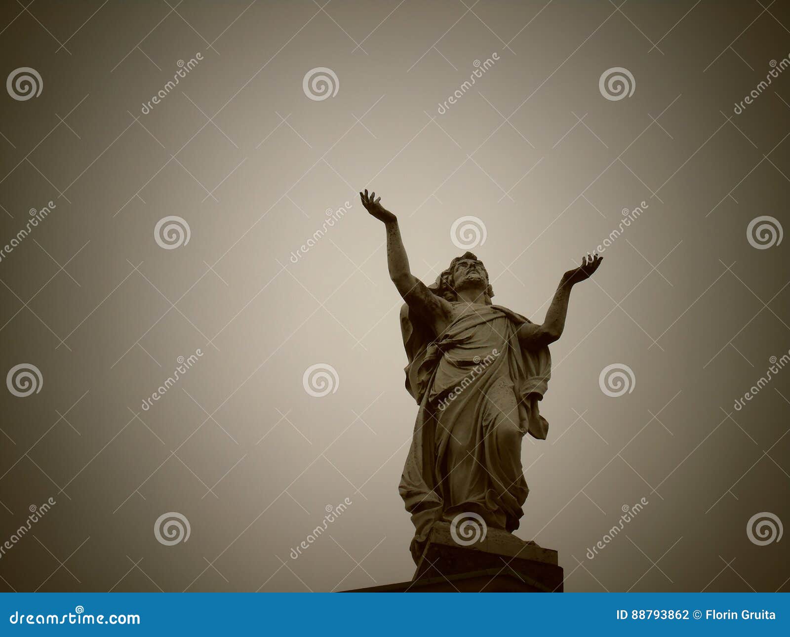 Boy Statue Pray To God With Hands Held Together. Beautiful Old Stone