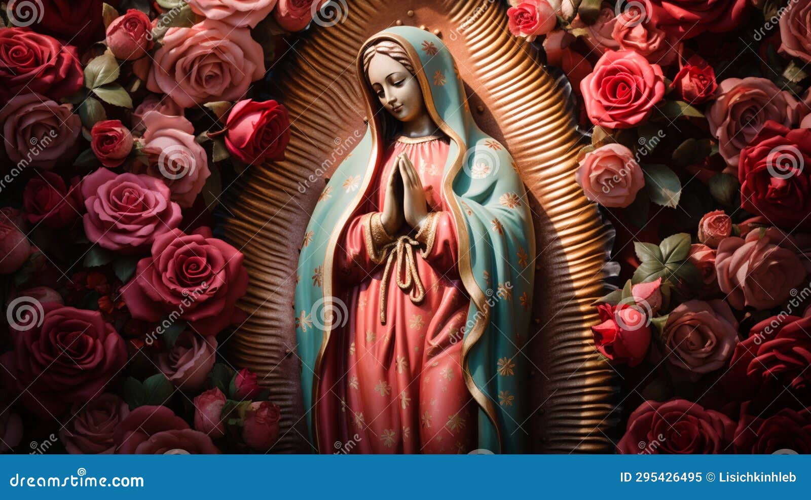 statue of saint mary of guadalupe (virgen de guadalupe) in honor of the celebration of the mexican holiday of