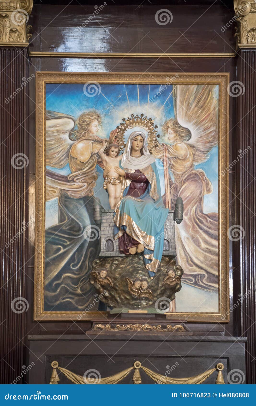 sculpture virgin mary with child jesus and painted angels, la habana, havana, cuba