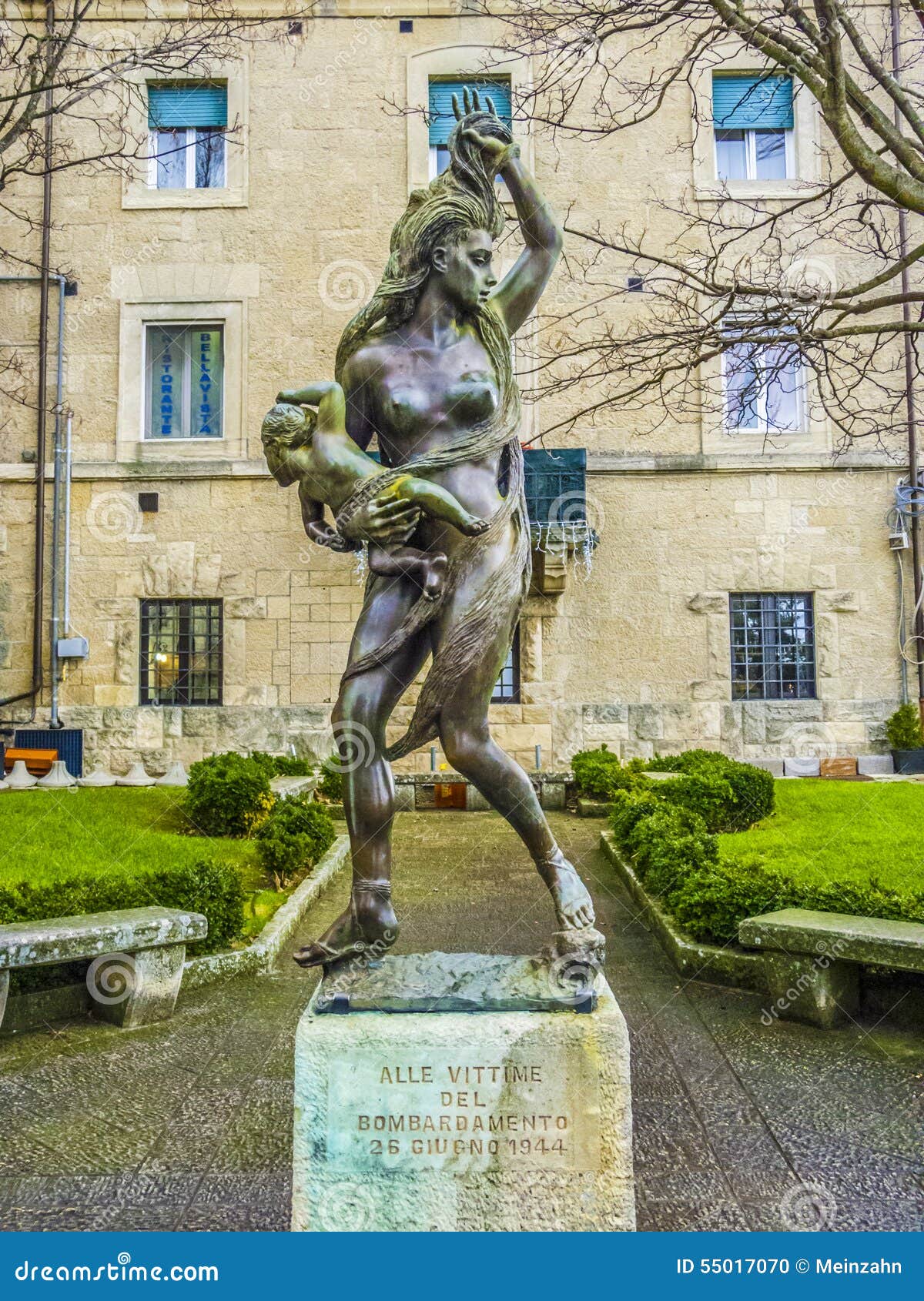 Statue to remember the WW 2 and the bombing in San Marino. SAN MARINO, ITALY - JAN 4, 2014: statue to remember the WW 2 and the bombing on June 26, 1944 in San Marino, Italy.