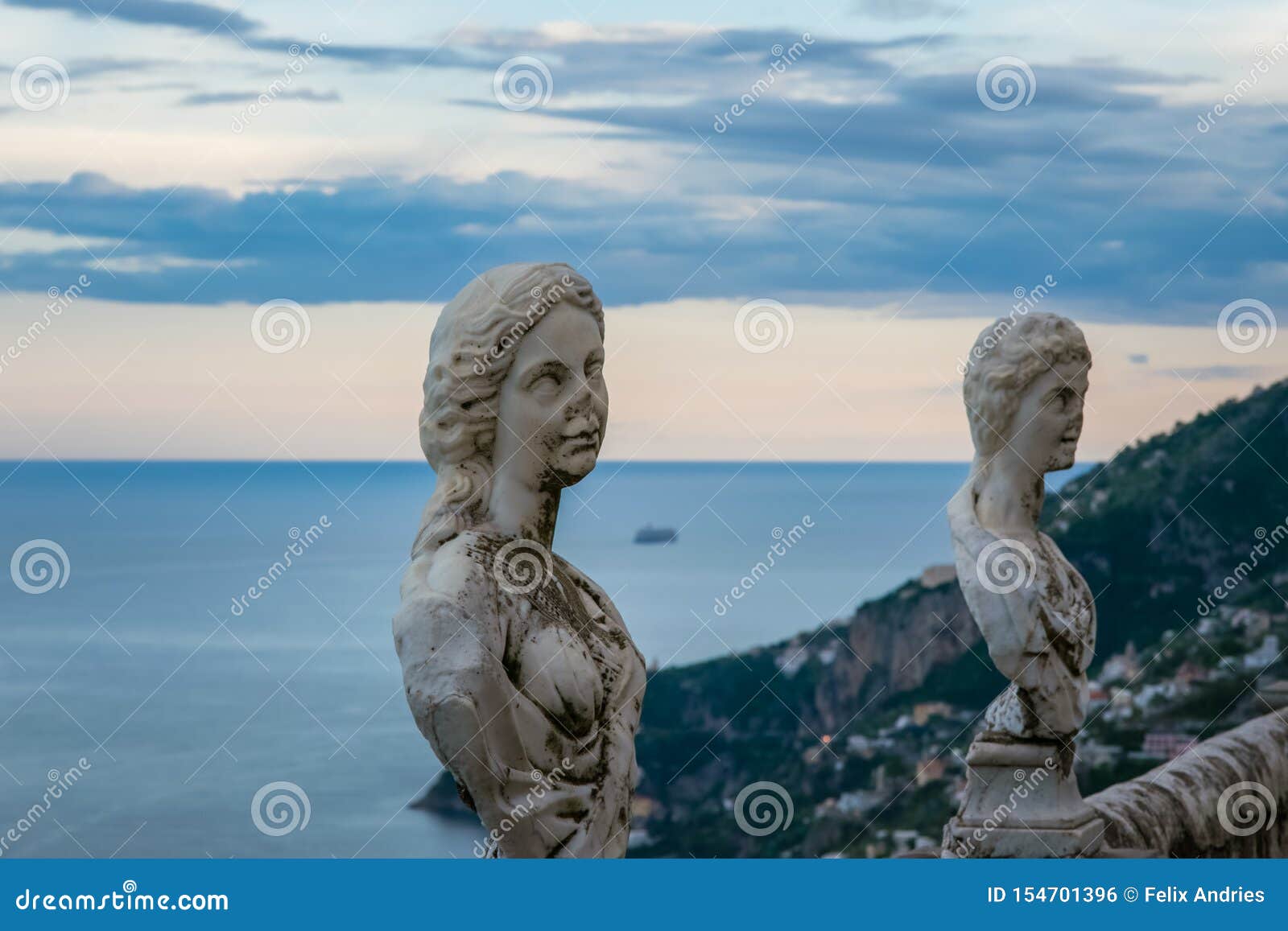 statues from the belvedere, the so-called terrazza dell`infinito, the terrace of infinity seen on the sunset, villa cimbrone, rave