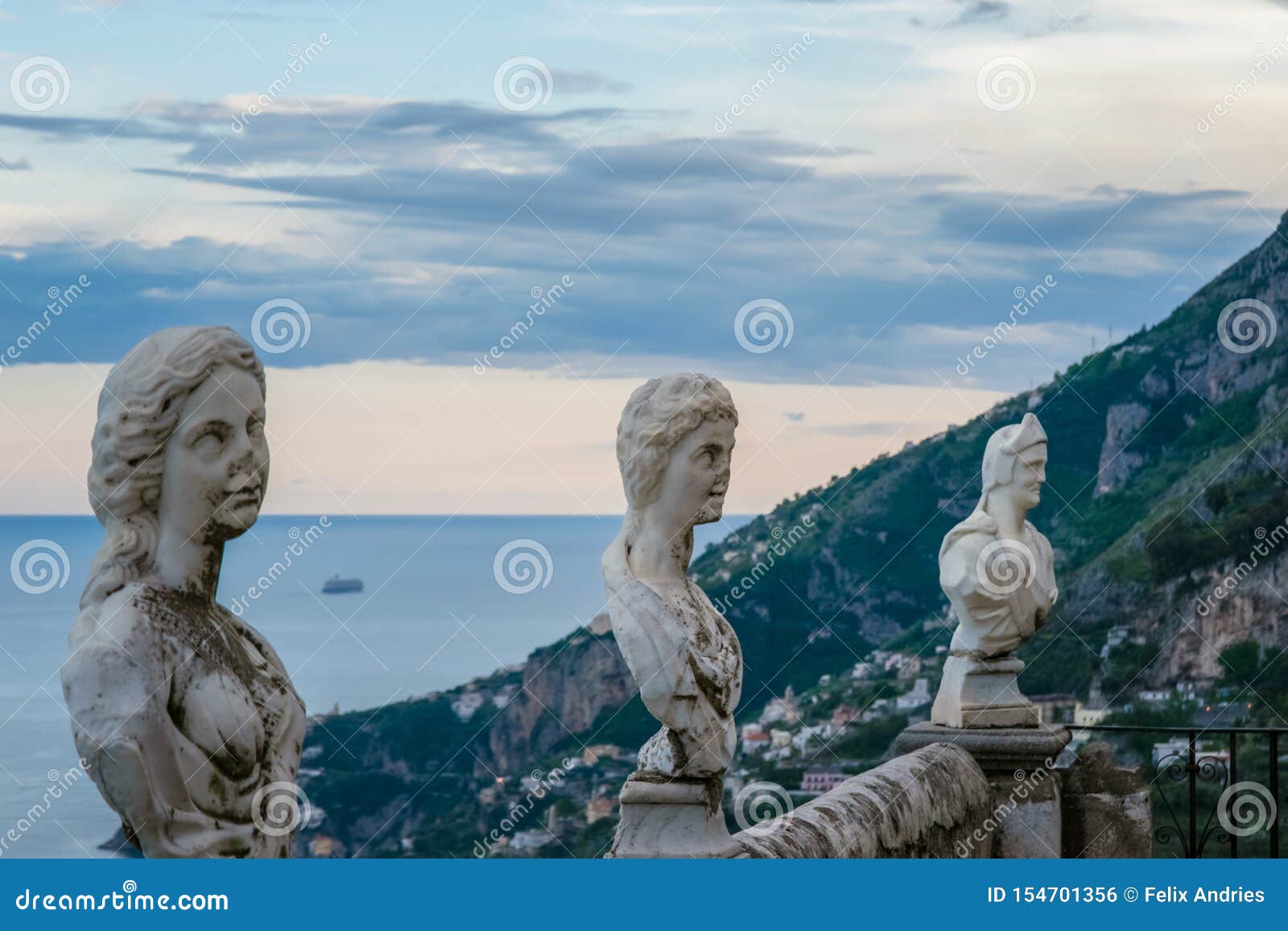 statues from the belvedere, the so-called terrazza dell`infinito, the terrace of infinity seen on the sunset, villa cimbrone, rave