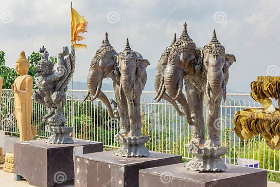 Statues of Buddha, Elephants and Mythical Creature with Wings in the ...