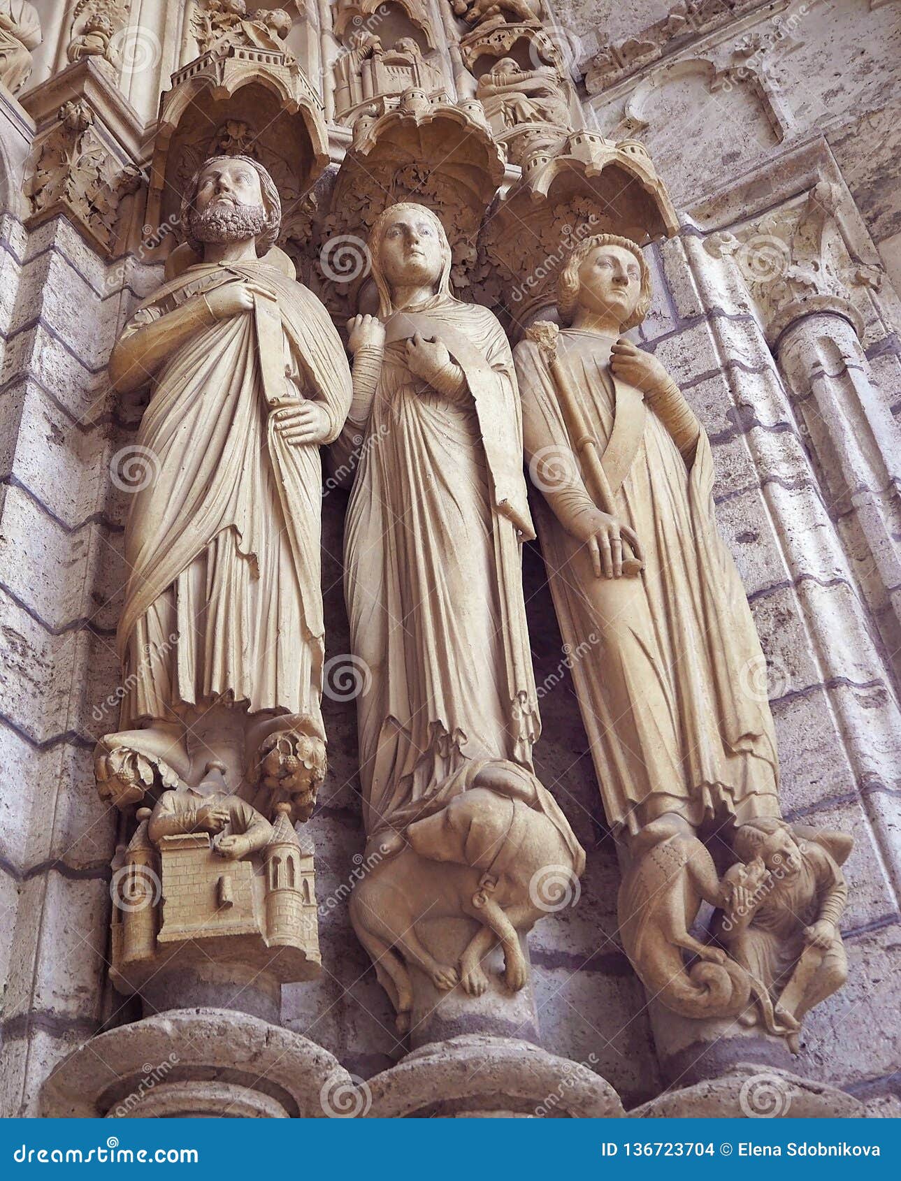 statues details at cathedrale notre dame de chartres, a medieval old catholic cathedral in chartres, france
