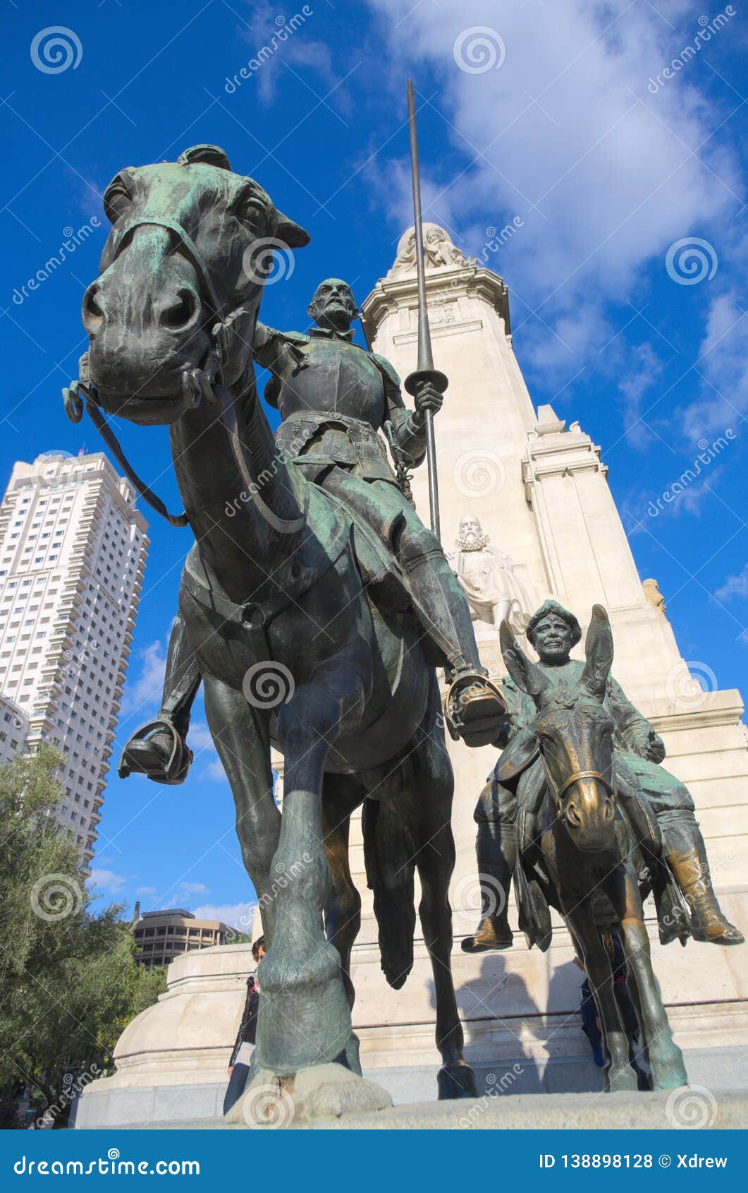 statues of don quixote and sancho panza at the plaza de espana in madrid.