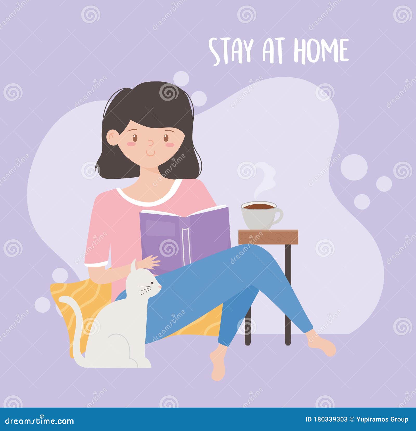 stay at home, young woman eading book and cat cartoon