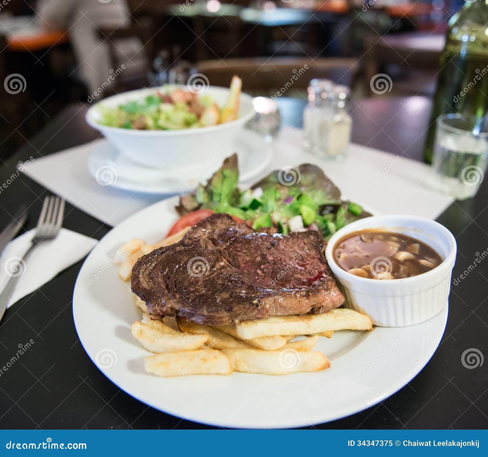 Steak with chip and salad. stock image. Image of isolated 34347375