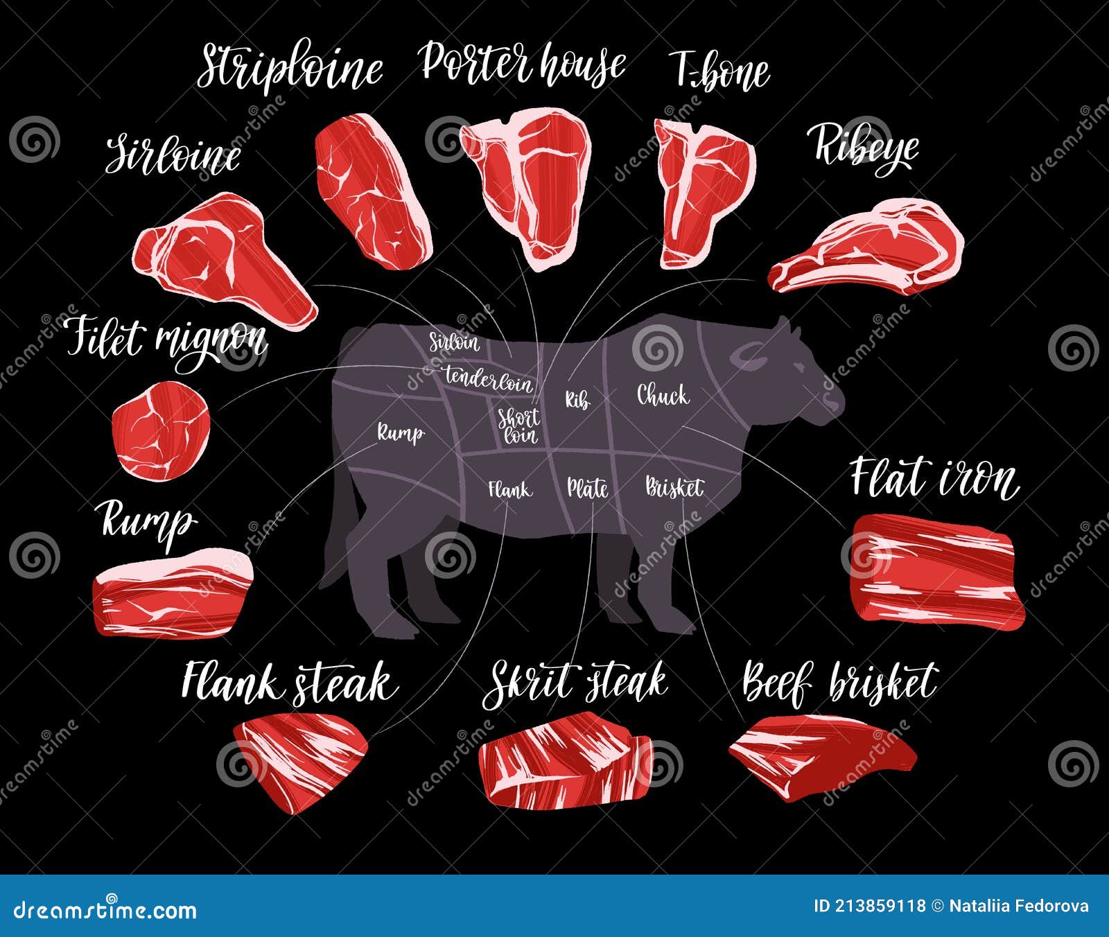 Steak Cuts Set. Beef Cuts Chart and Pieces of Beef, Used for Cooking Steak  and Roast. Stock Vector - Illustration of cattle, infographic: 213859118