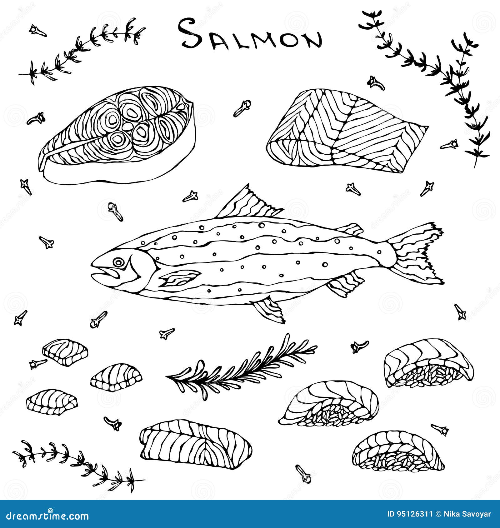 steak, filet, slices and sushi of red fish salmon for seafood menu.    on a white background