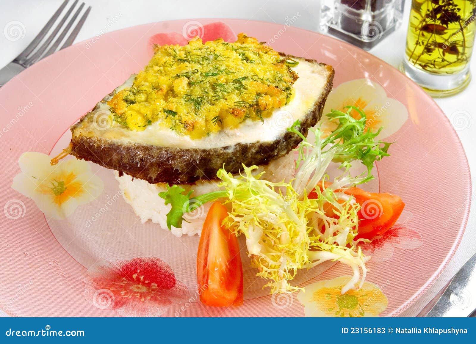 Steak Of Fish With Rice Garnish Stock Photos Image 23156183