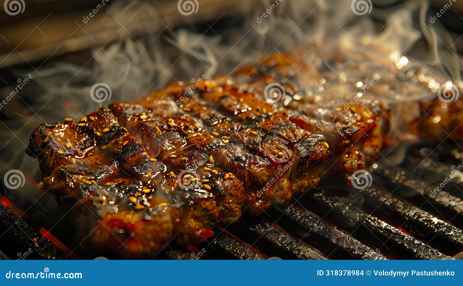 a steak on a grill with smoke coming out of it