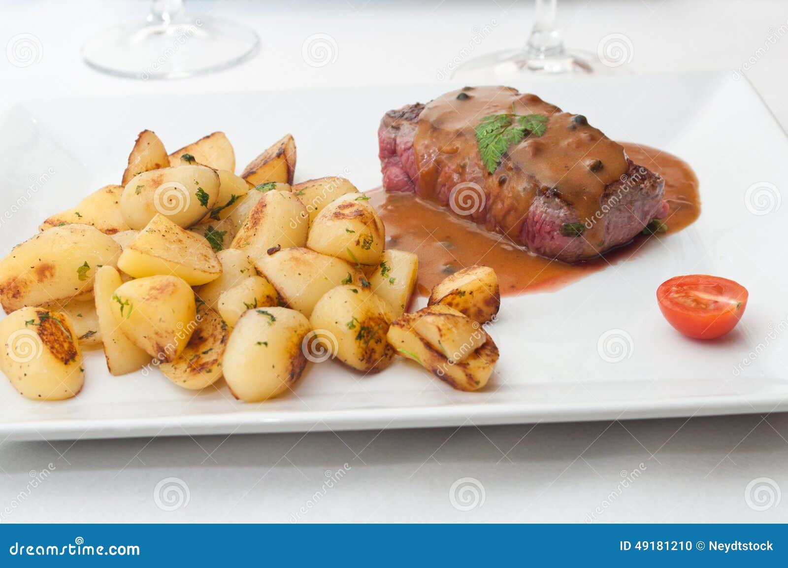 Steak Grilled with Pepper Sauce and Potatoes Stock Photo Image of