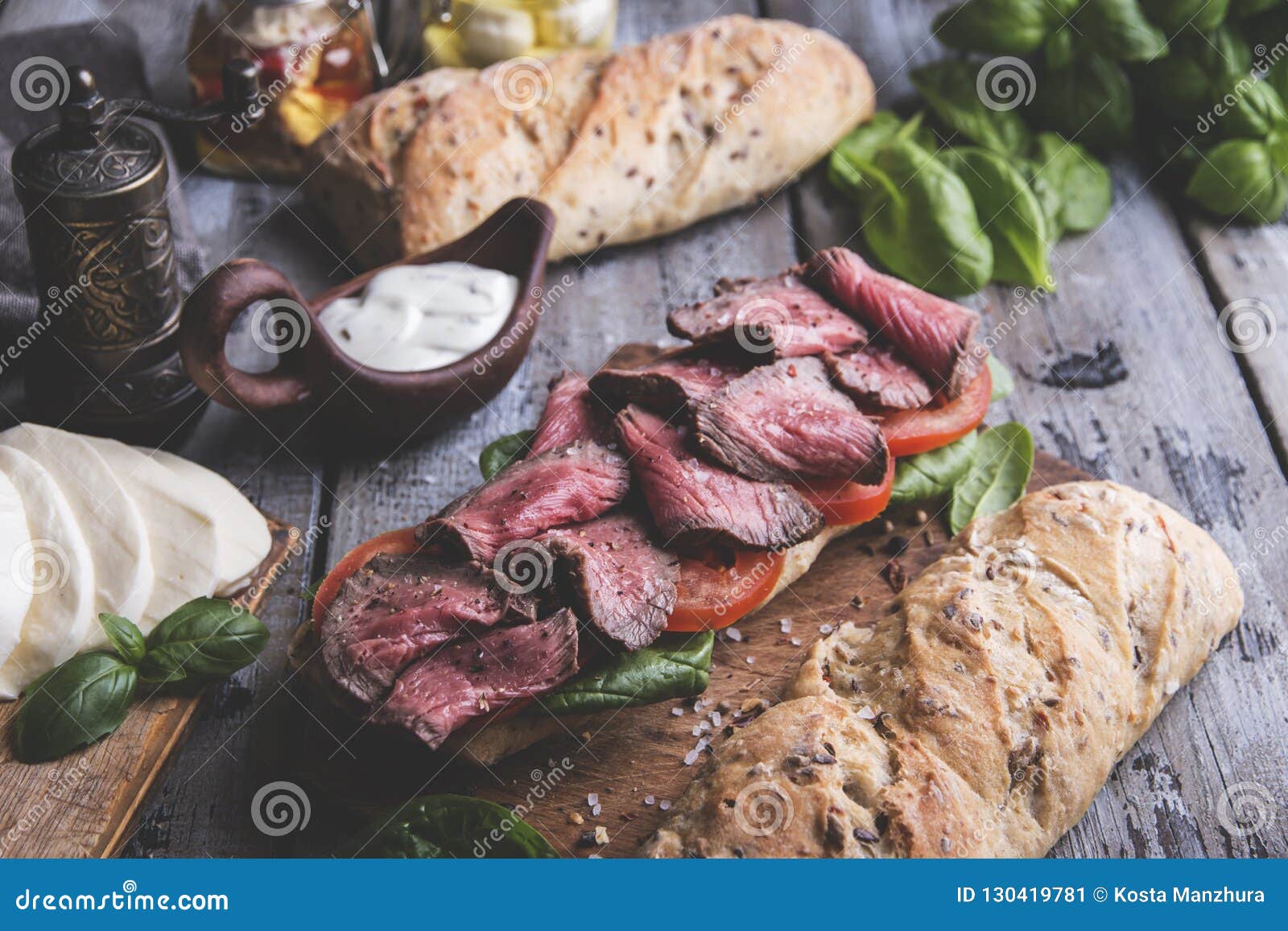 Steak Sandwich, Sliced Roast Beef, Cheese,spinach Leaves,tomato Stock