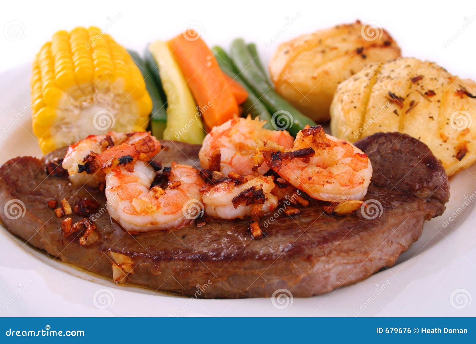 Steak and seafood stock photo. Image of garlic, prawns 679676