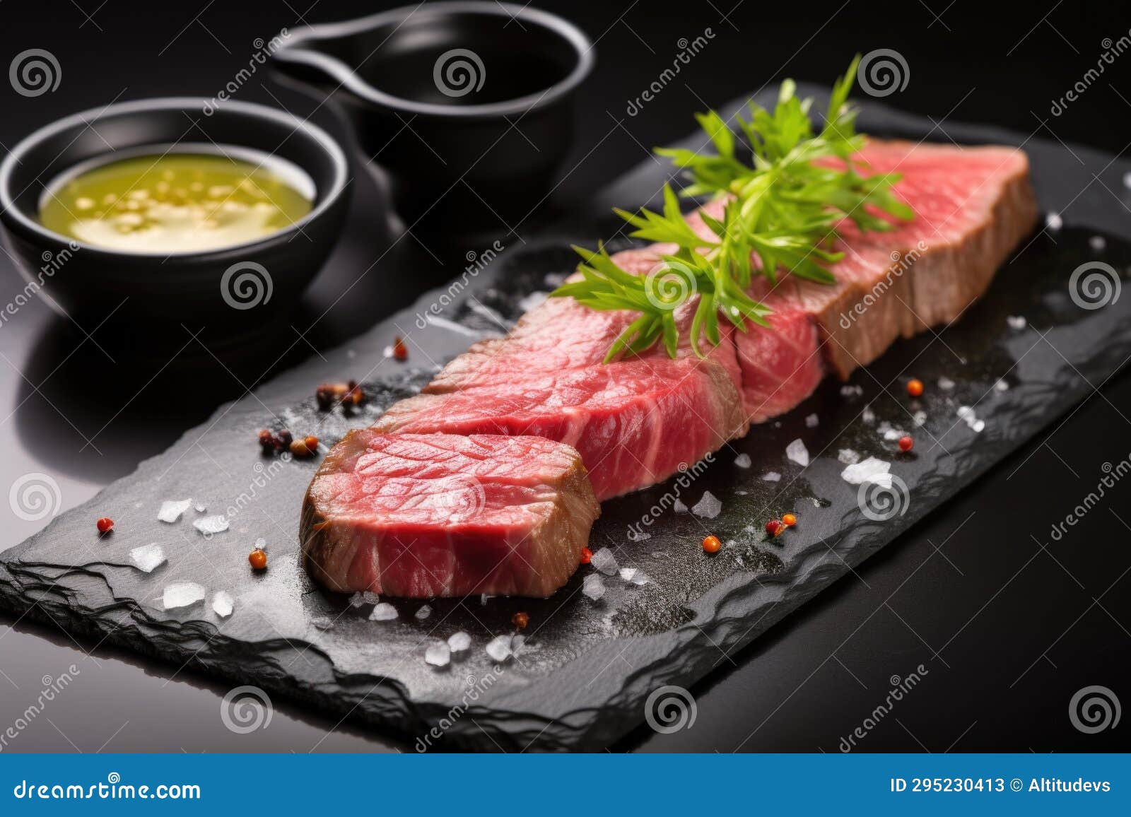 Steak Served with a Dipping Sauce on a Black Slate Stock Image Image