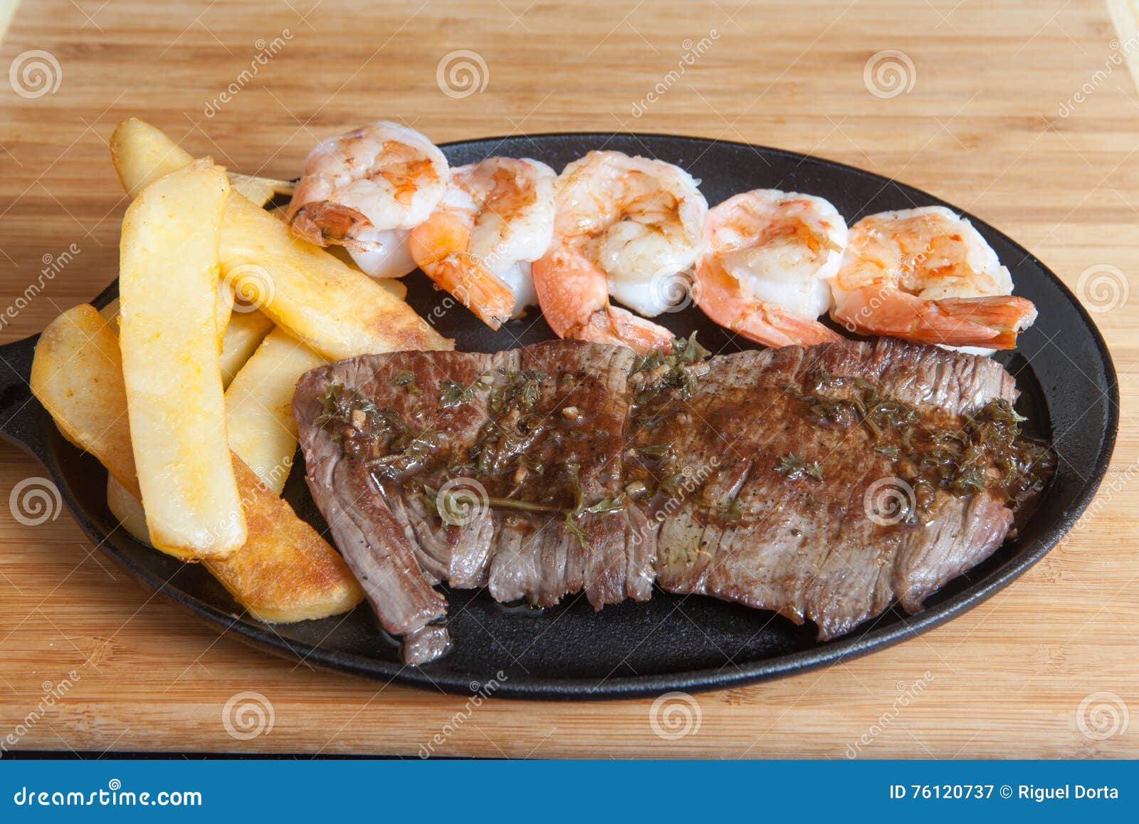 steak shrimps french fries skillet