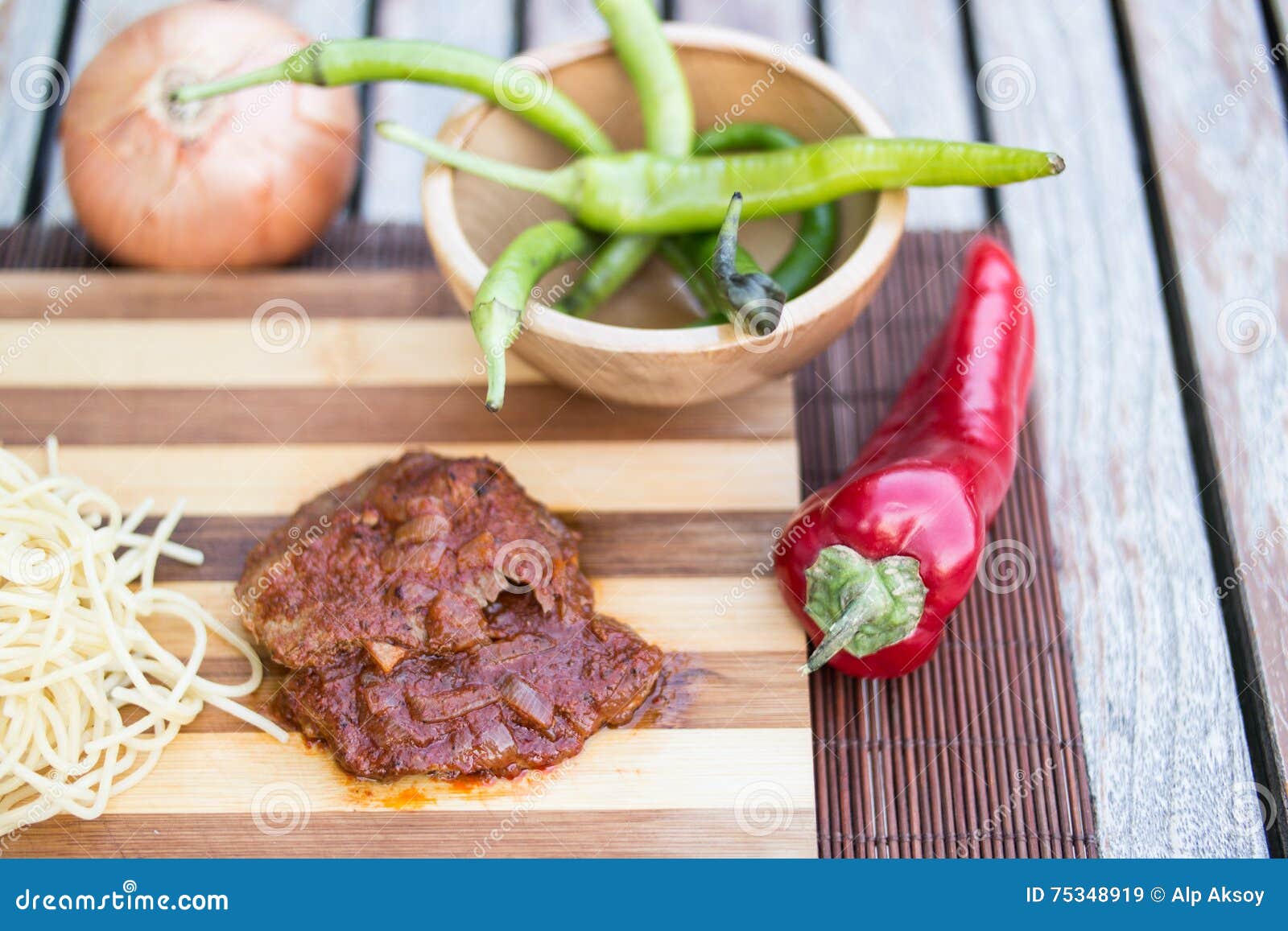 Steak with Tomato Sauce, Sphagetti and Vegetables. Stock Image Image