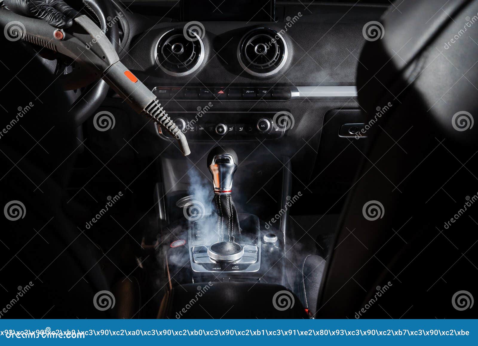Steam Cleaning of Gearbox and Dashboard in Car. Vaping Steam Stock Image Image of service
