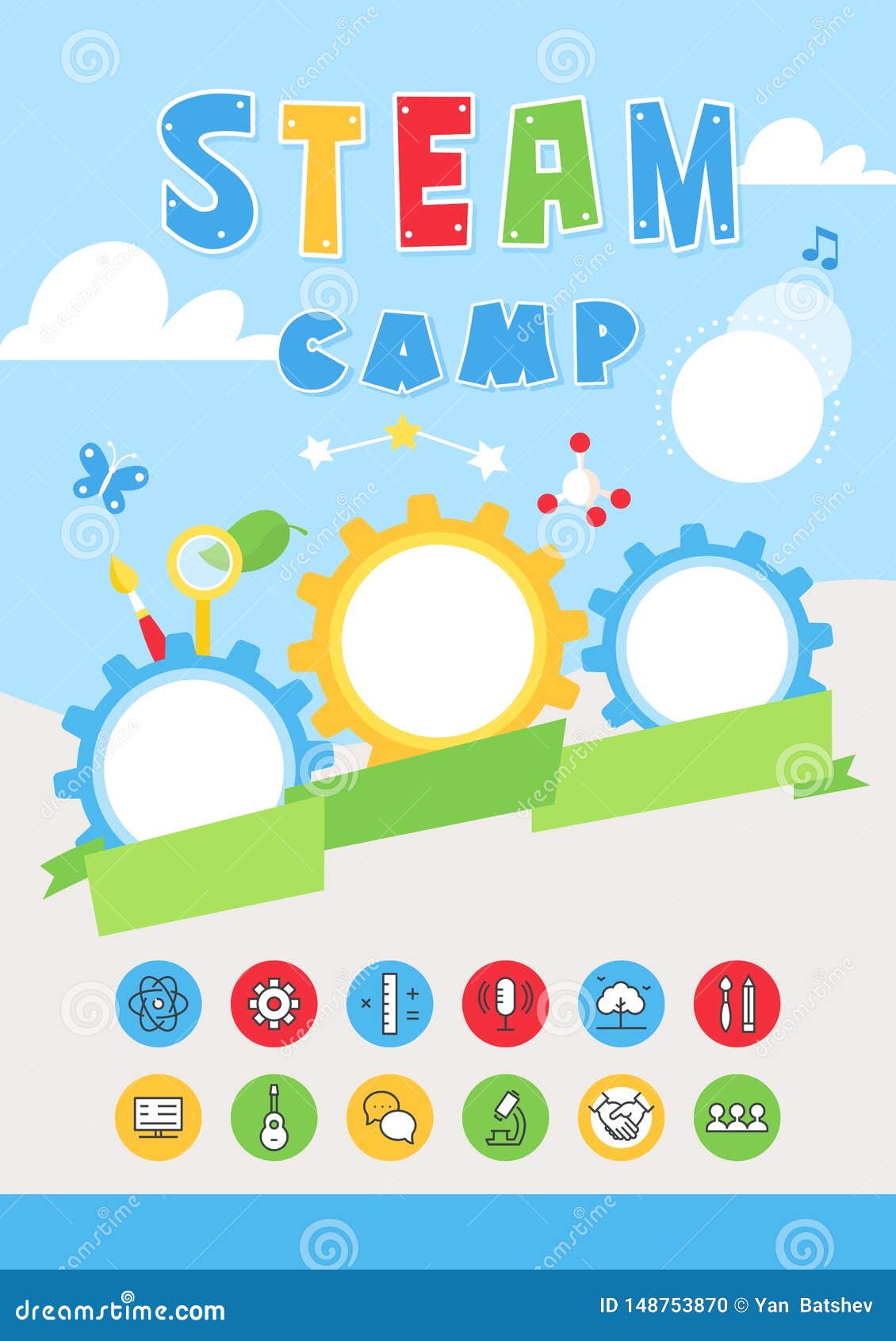 Steam Education Kids Summer Camp Colorful Poster And Steam Icons Set