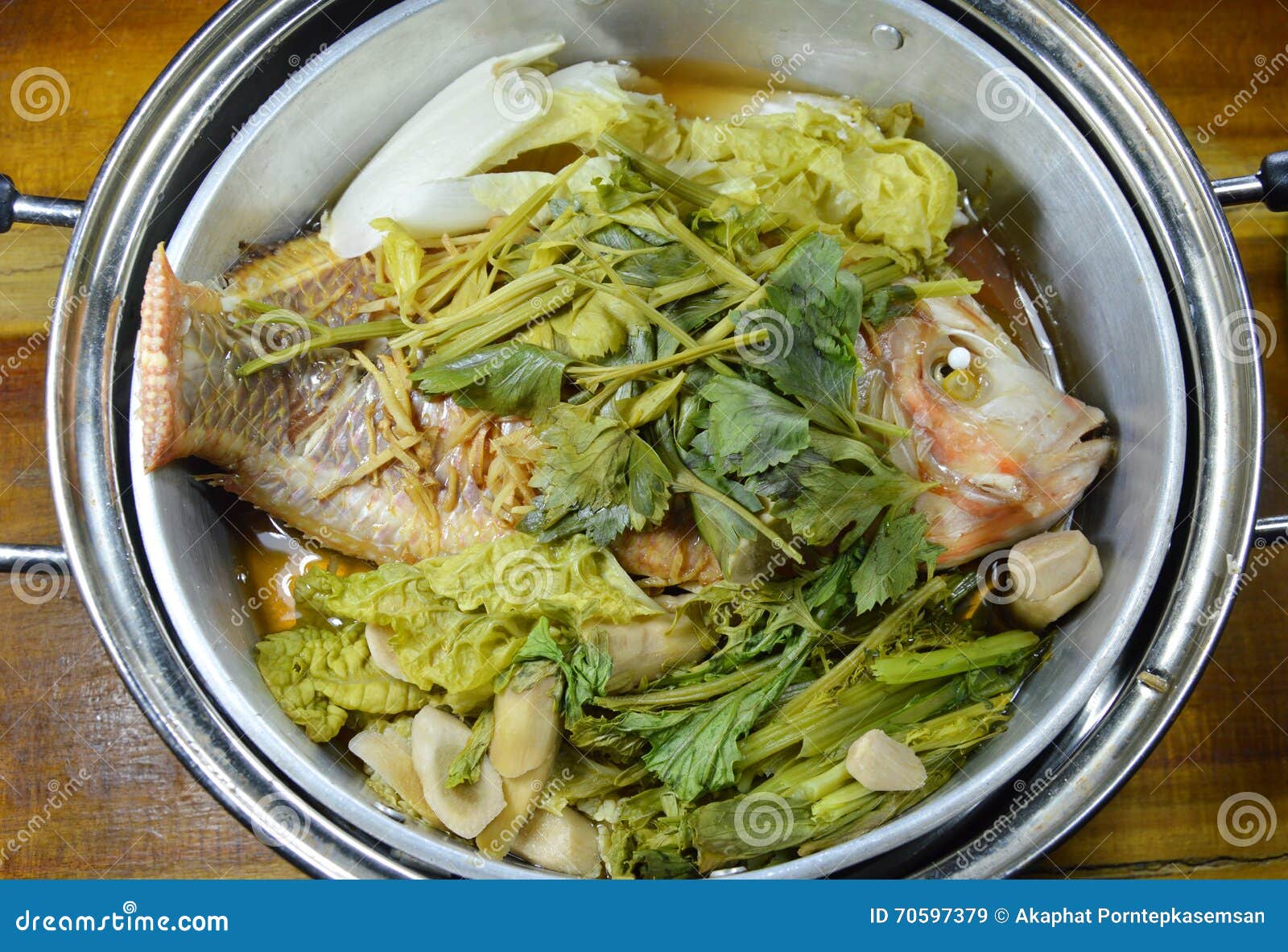 Steam Fish and Vegetable in Stainless Steamer Pot Stock Image Image