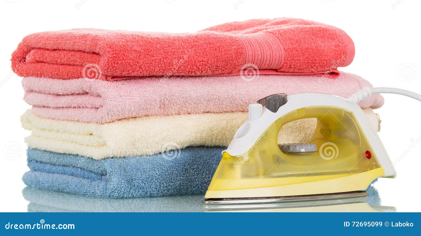 Steam Iron and Ironed Colored Towels Isolated on White. Stock Image Image of press, home 72695099
