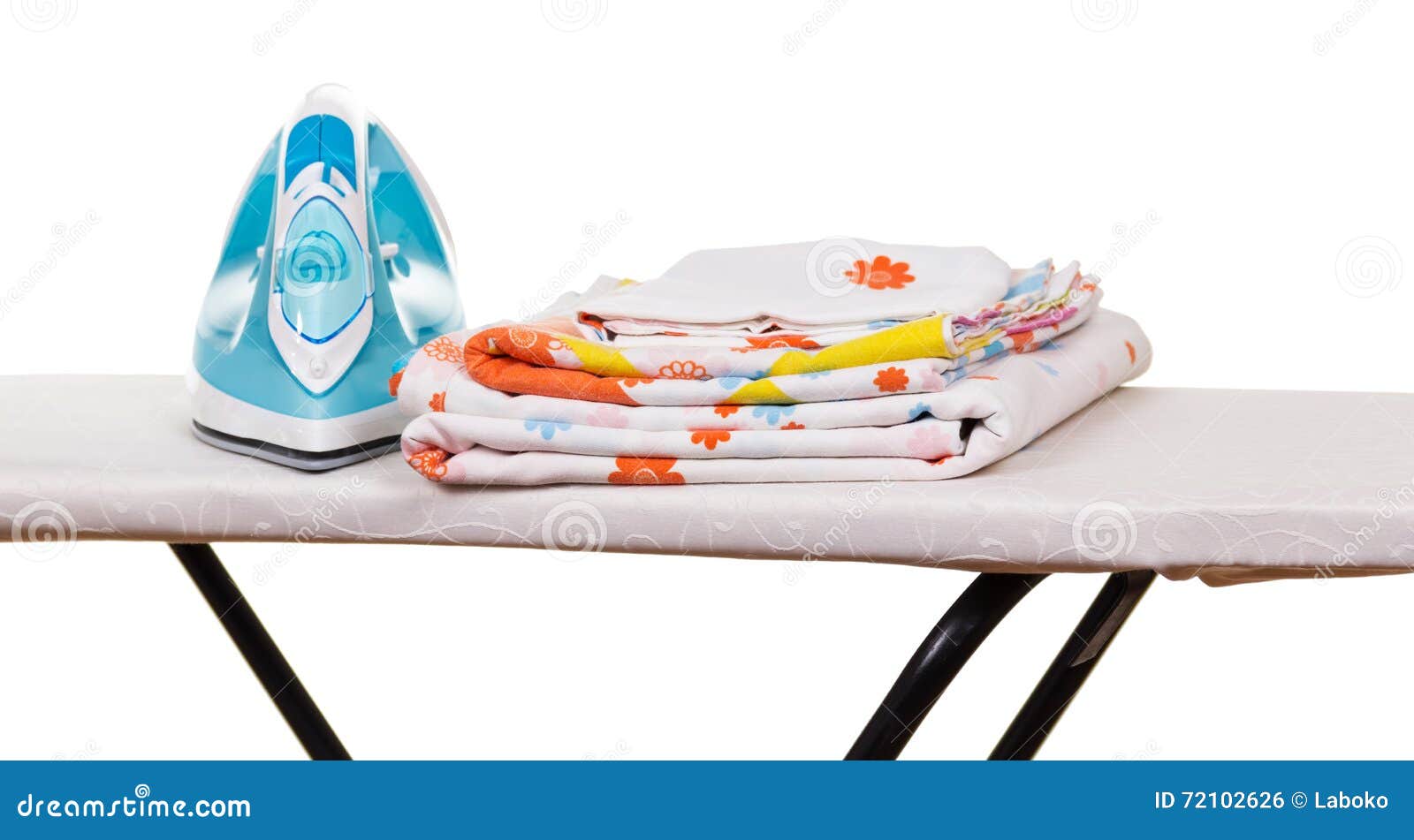 Steam Iron, Ironing Board and Bed Linen Isolated on White. Stock Photo