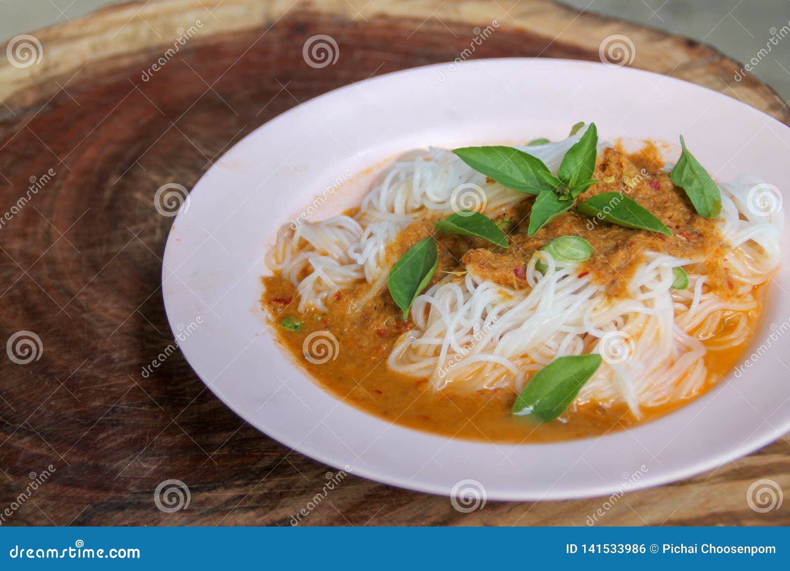 Steam Thai Rice Vermicelli with Red Curry and Vetgetable Stock Photo