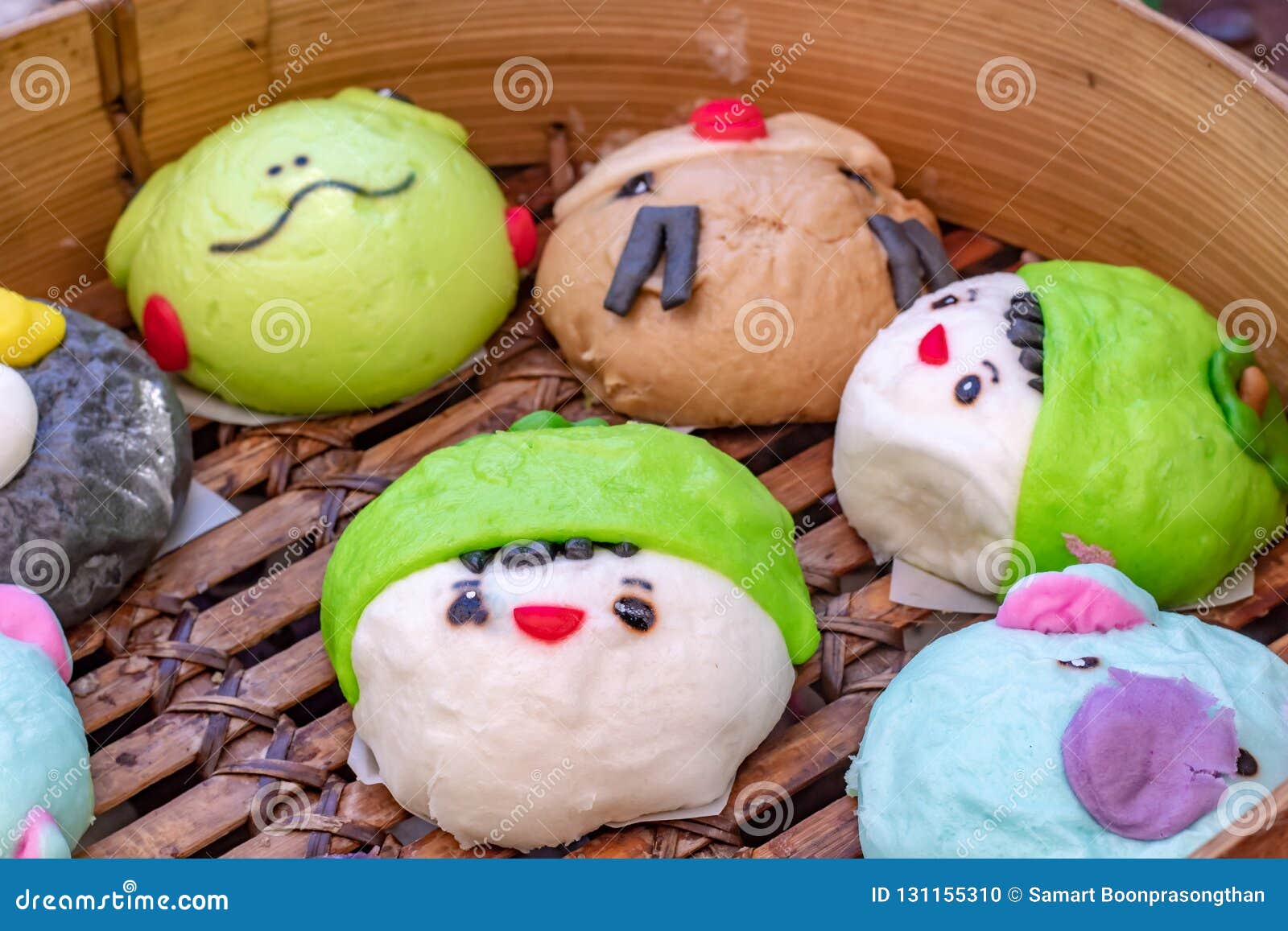 Steamed Bun Cartoon in the Basket of Wood. Stock Photo - Image of