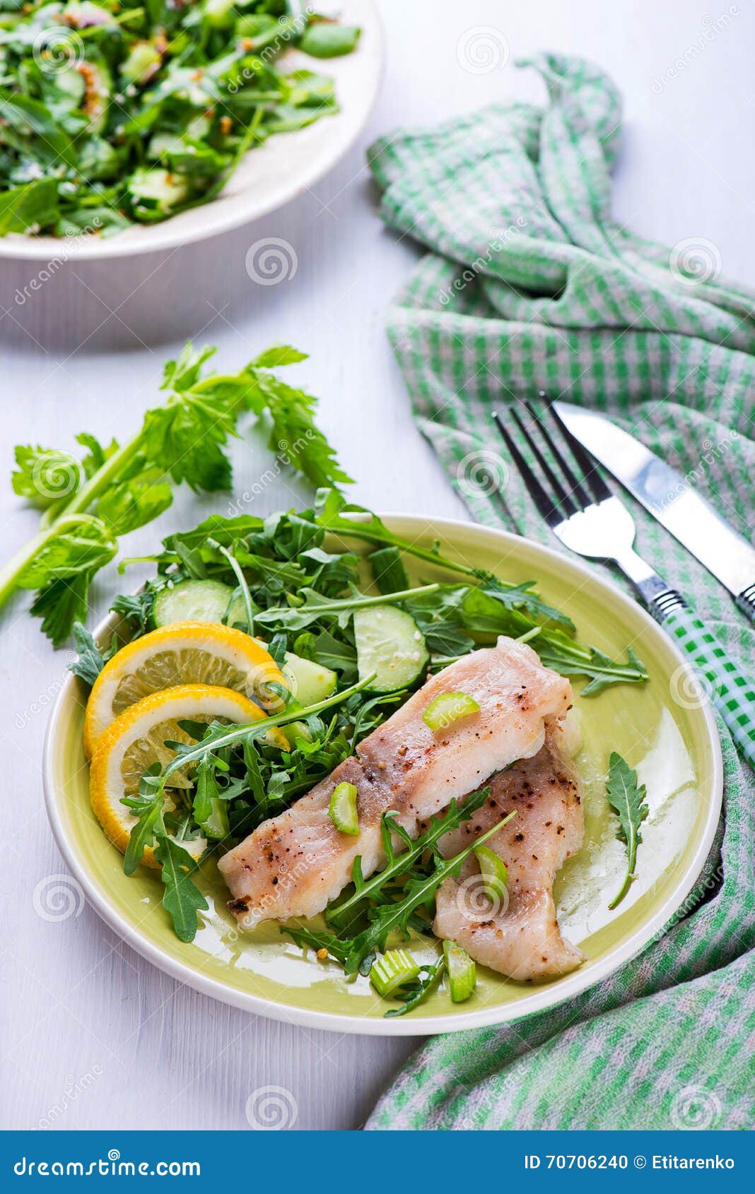 Steamed Catfish Filet with Arugula Salad Stock Photo Image of gourmet